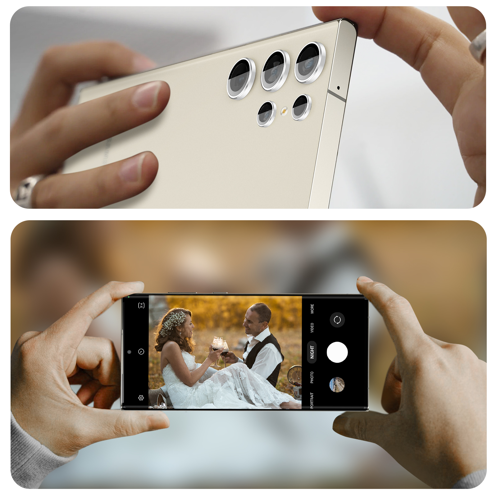 Des mains tiennent un smartphone clair affichant une photo de mariage.