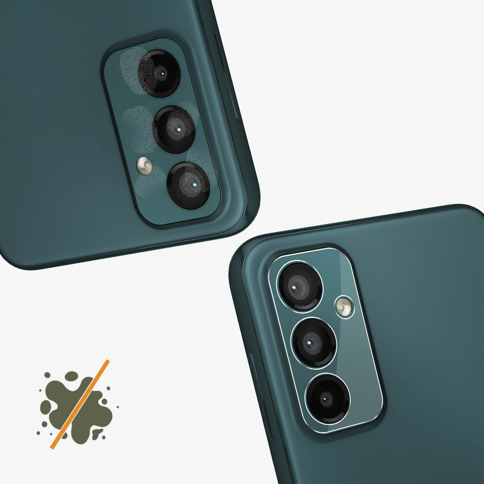 Trois caméras à l'arrière d'un smartphone, avec des empreintes digitales.