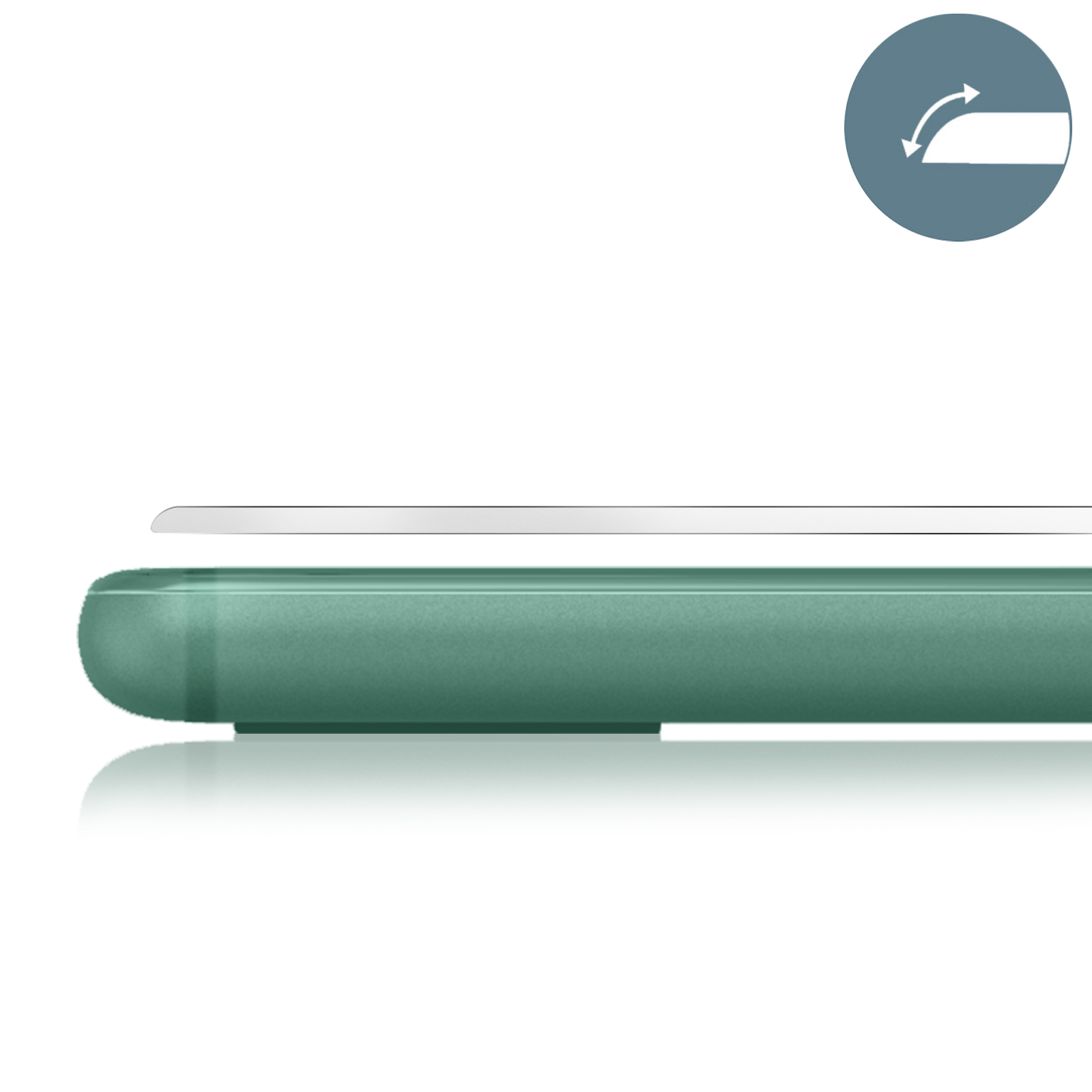 Een close-up van een groene telefoonhoes met een schermprotector vanaf de zijkant.