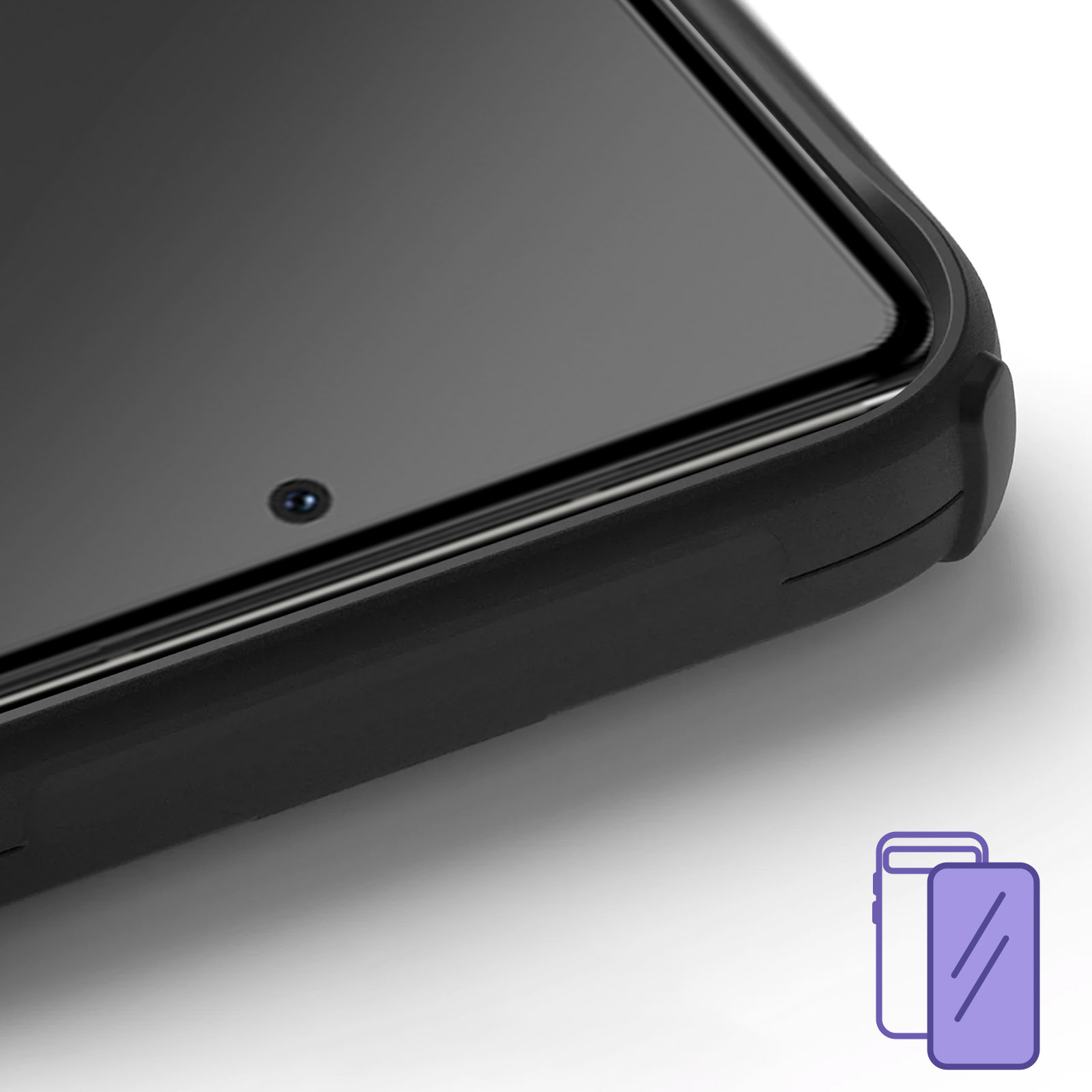 Gros plan d'un étui de téléphone noir avec écran et appareil photo visibles. Icônes violettes à proximité.
