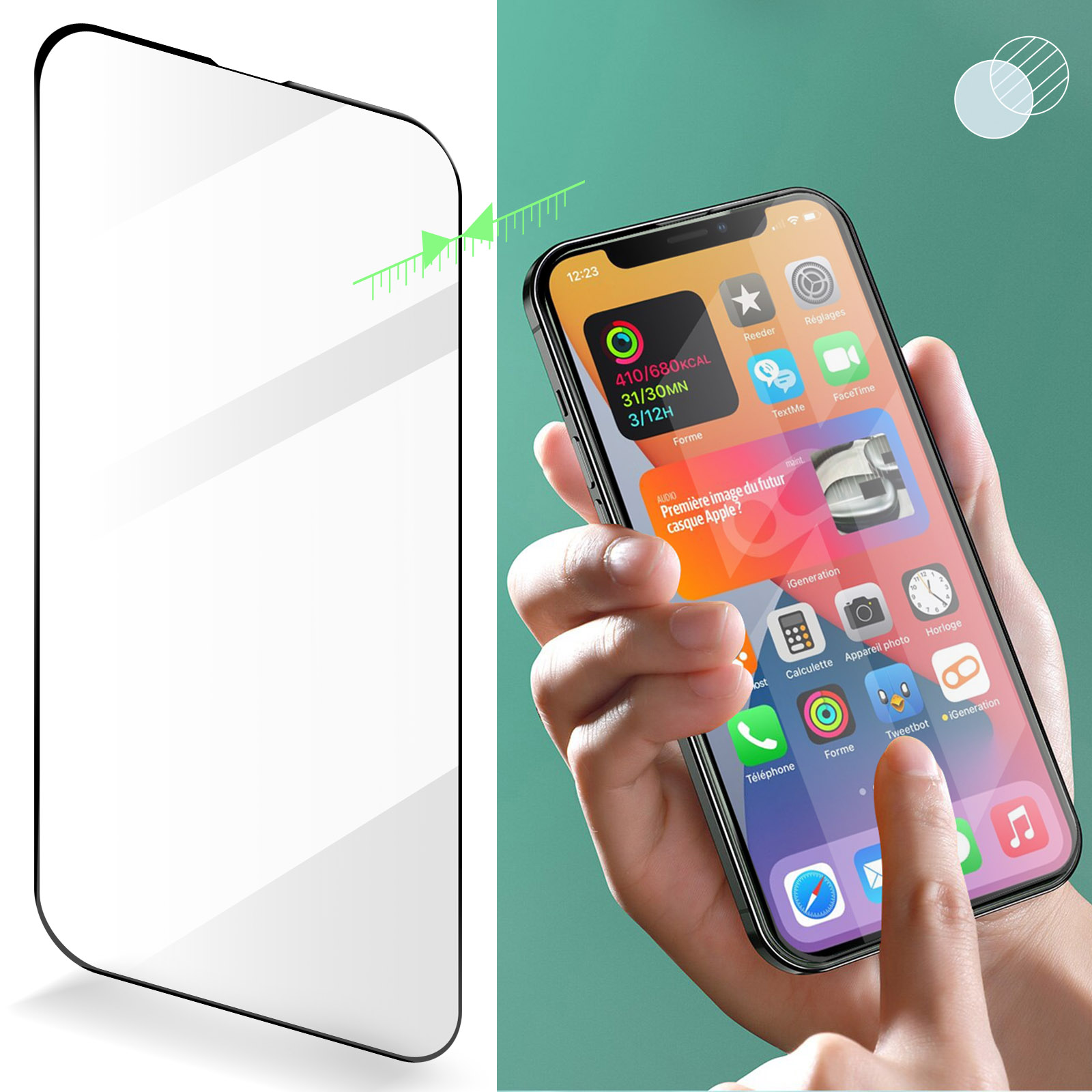 A hand holds a smartphone with many app icons. To the left is a screen protector.