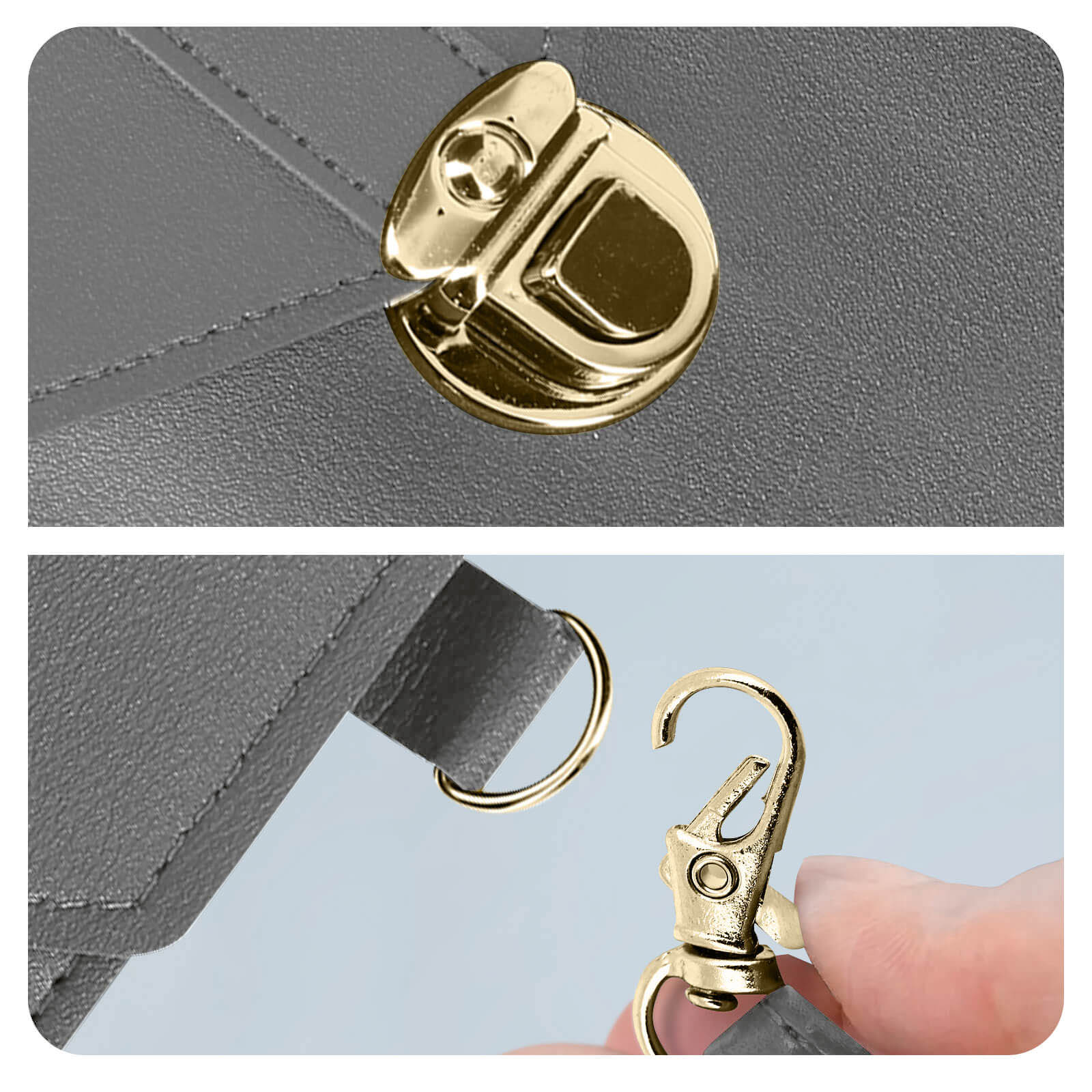 Sac gris avec fermoir à tourniquet doré et fermoir mousqueton.