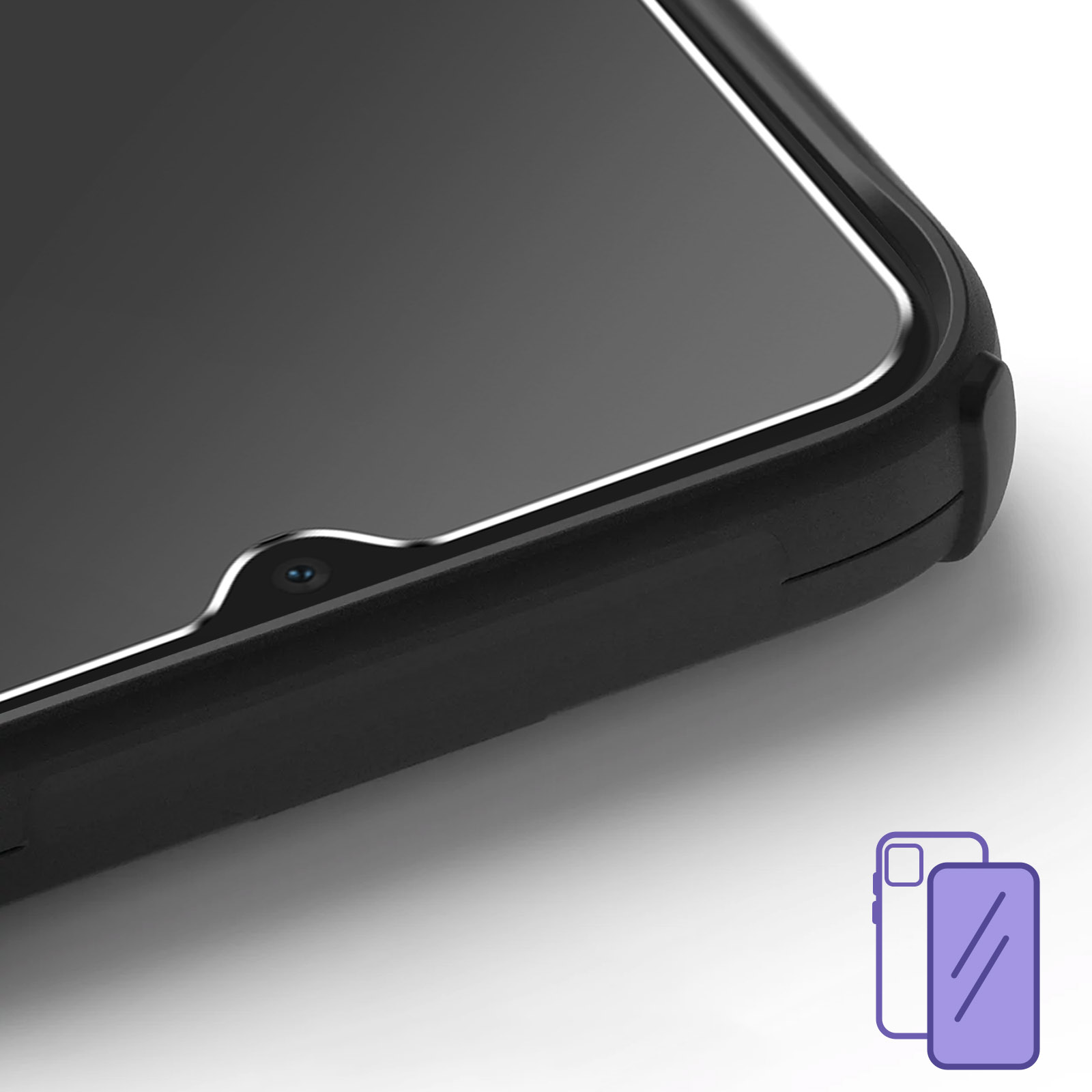 Gros plan d'un étui de smartphone noir avec une légère finition brillante. Une caméra est visible au dos.
