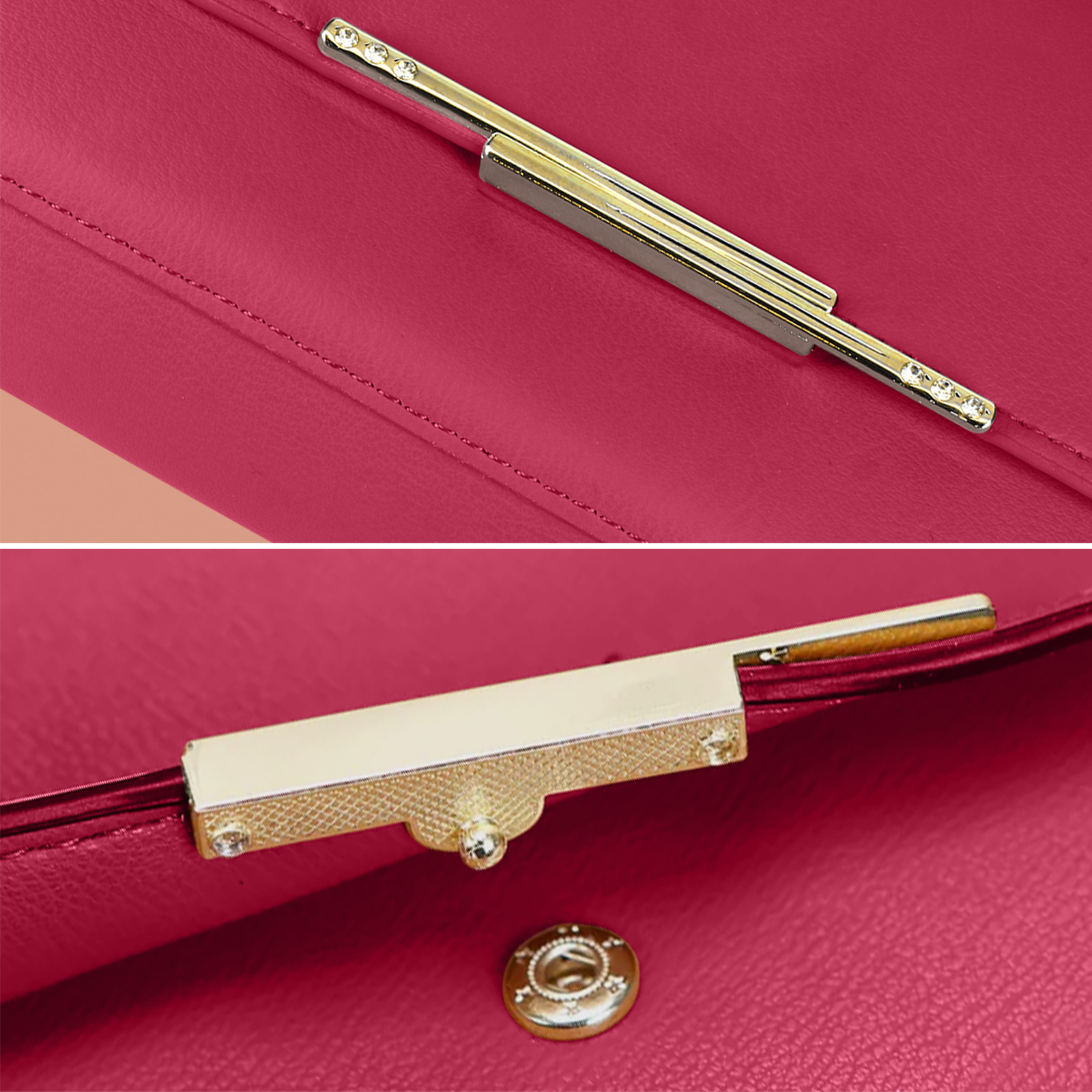 Nahaufnahme einer pinken, strukturierten Taschenschließe mit goldenen Akzenten und Strass.