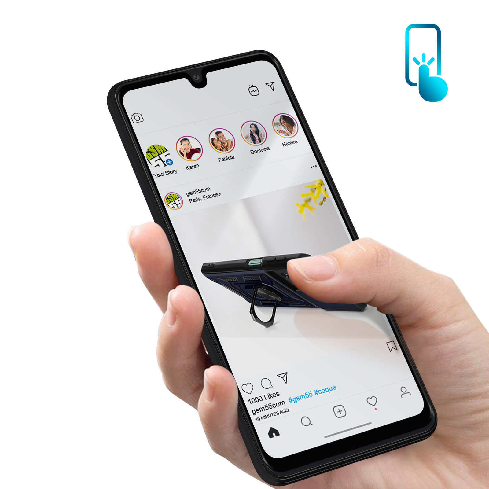 Una mano tiene uno smartphone che mostra un'app simile a Instagram con profili.