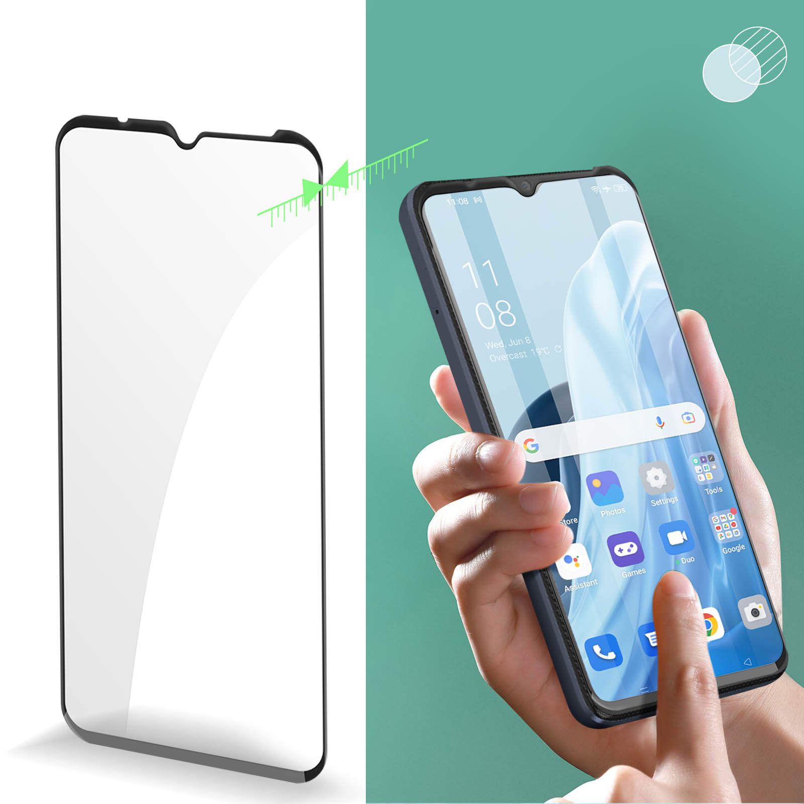 Una protezione per lo schermo e una mano che tiene uno smartphone con app.