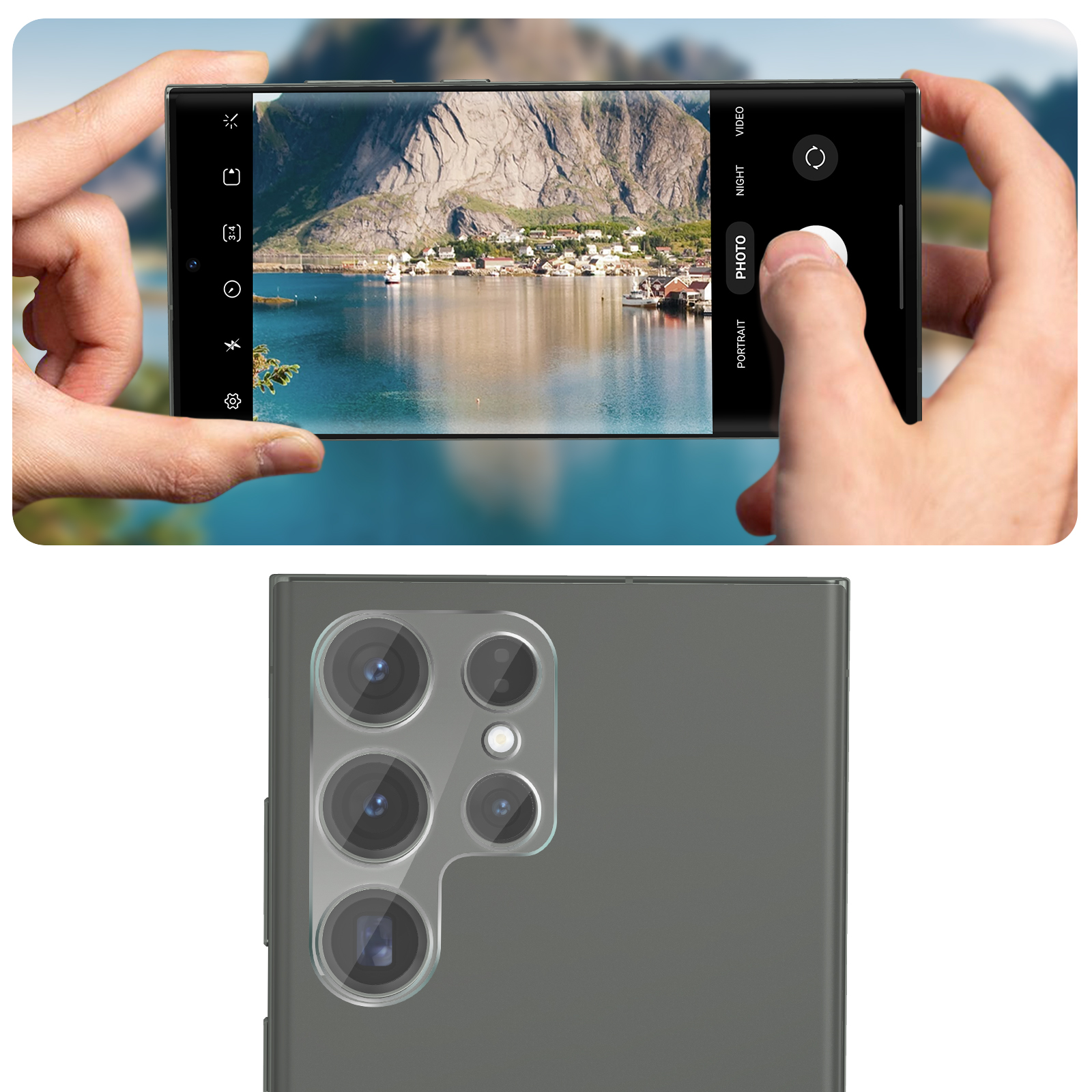 Handen houden smartphone met dorp aan meer en berg op achtergrond.