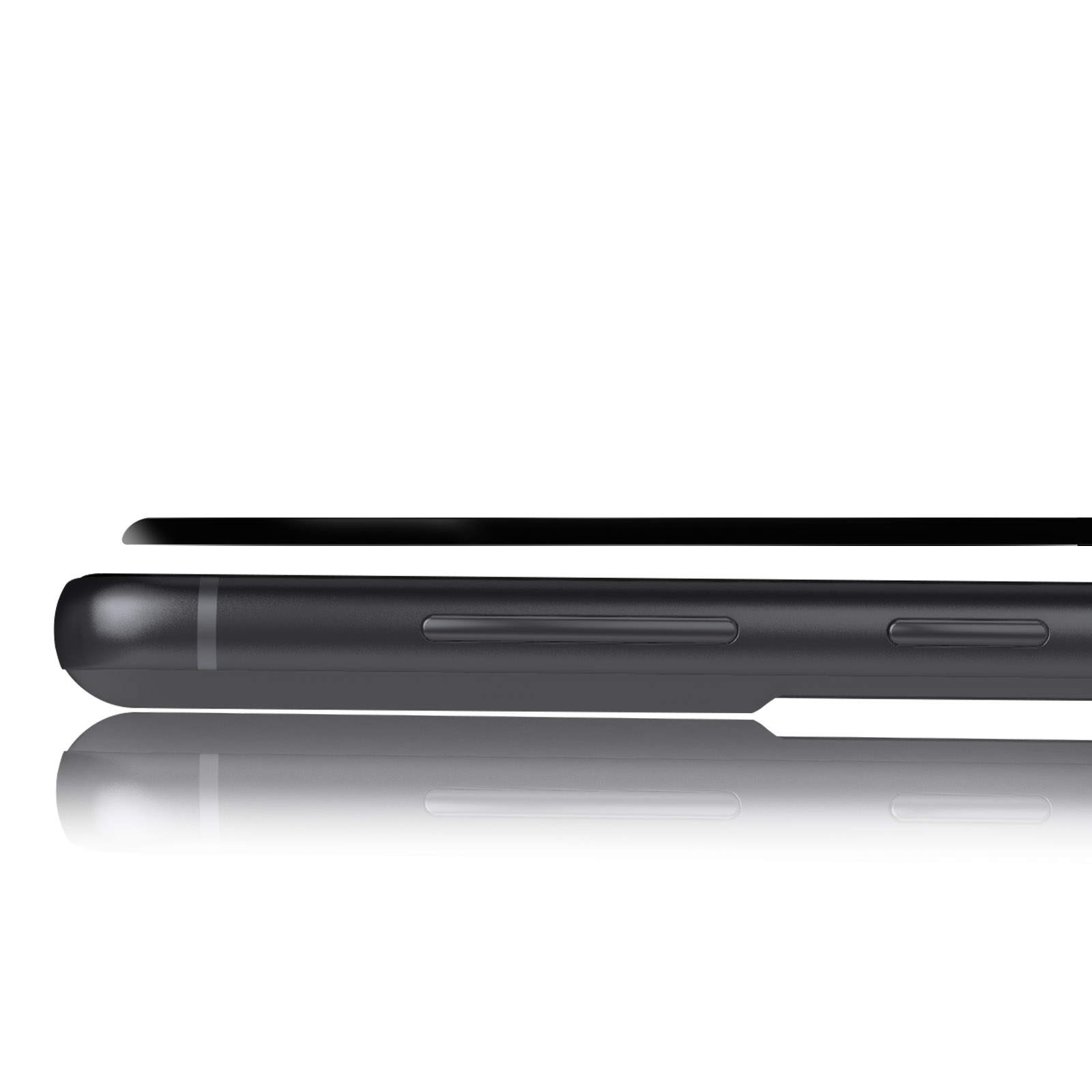 Primo piano del lato di un telefono nero con pulsanti e riflesso.