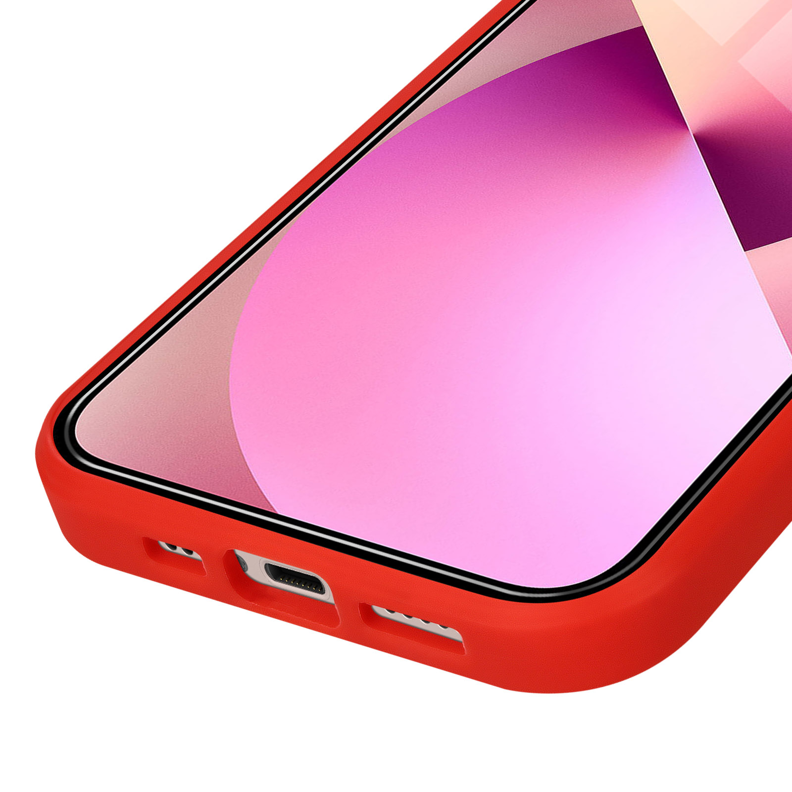 Rode telefoonhoes met oplaadpoort en luidsprekergaten.