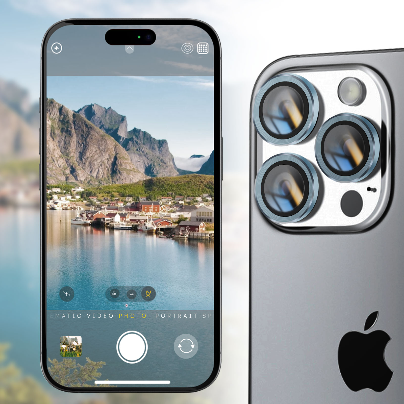 Un smartphone muestra un paisaje montañoso con un pueblo junto al agua; su parte trasera tiene tres cámaras.