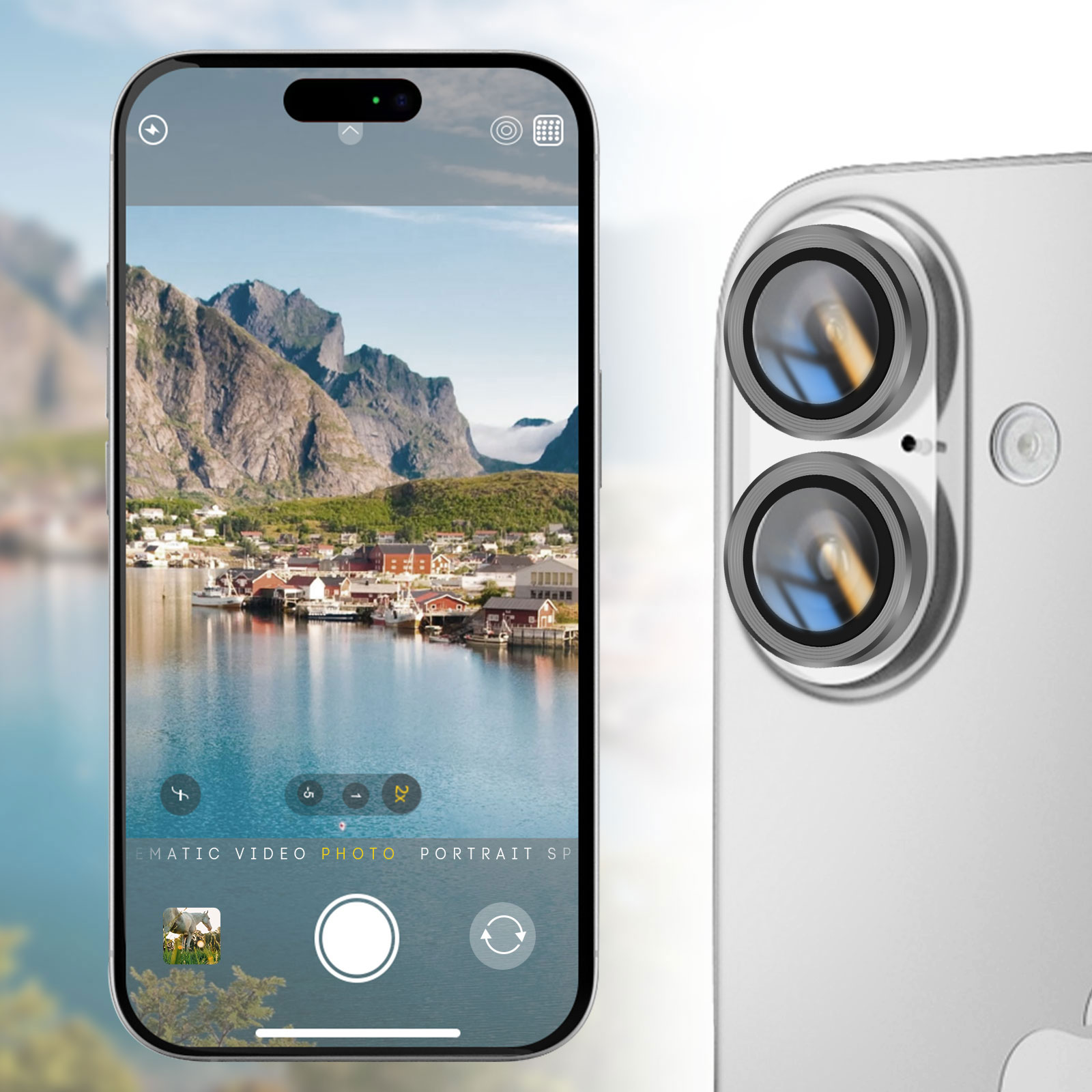 Un teléfono inteligente muestra un pueblo costero con montañas al fondo.