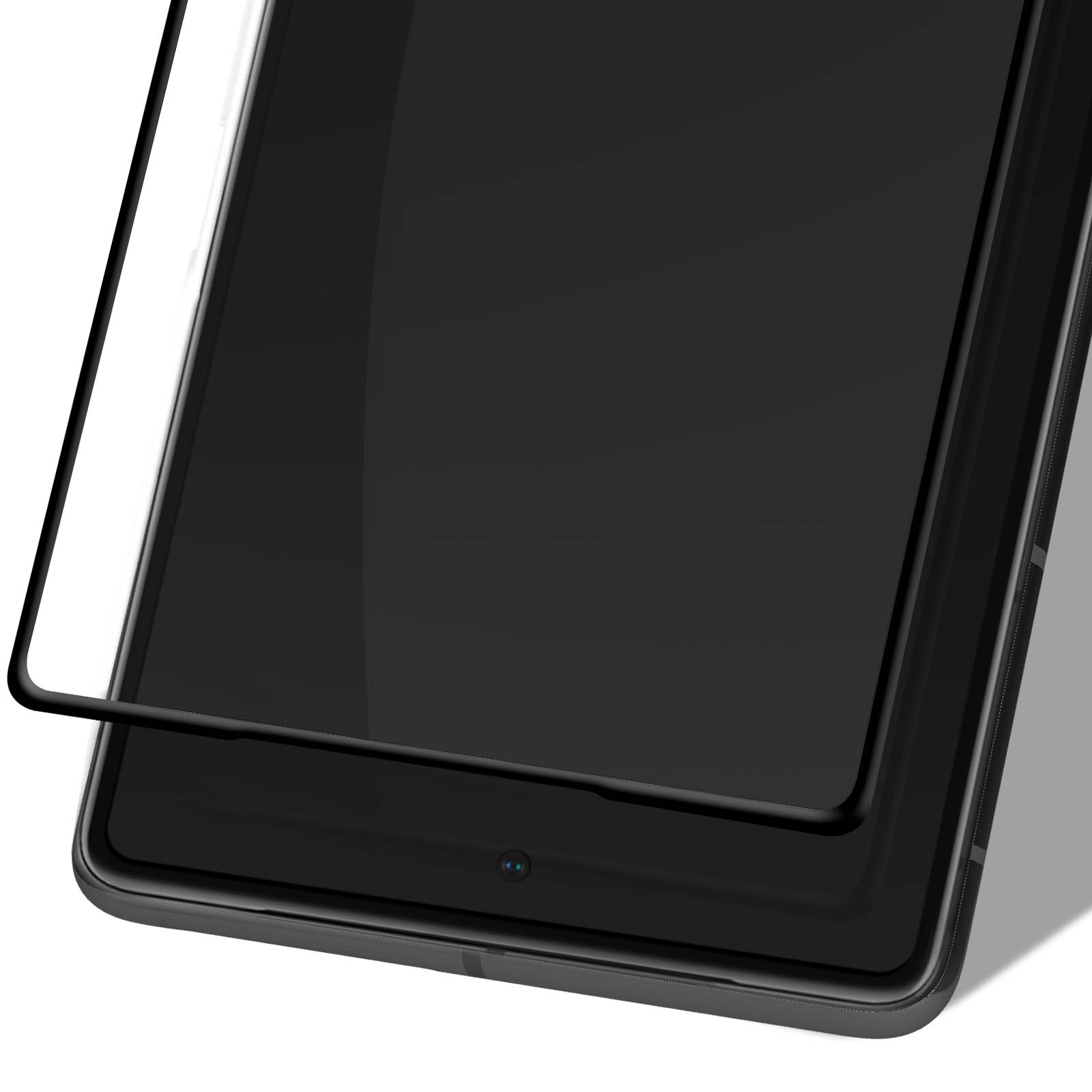 Un smartphone noir avec un protecteur d'écran en verre placé sur son écran.
