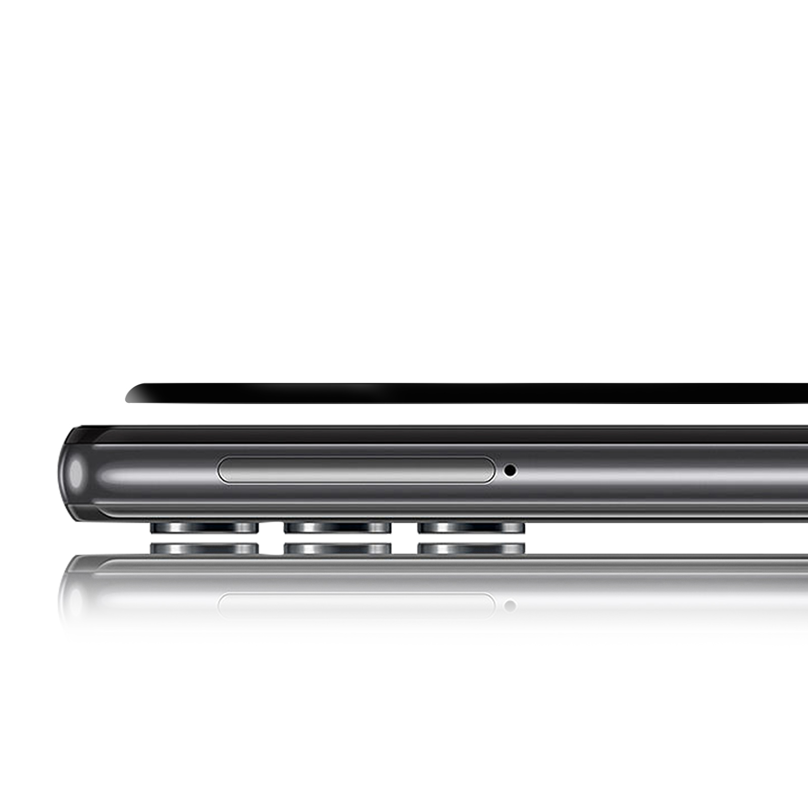 Close-up van de rand van een smartphone met knoppen en simkaartlade.