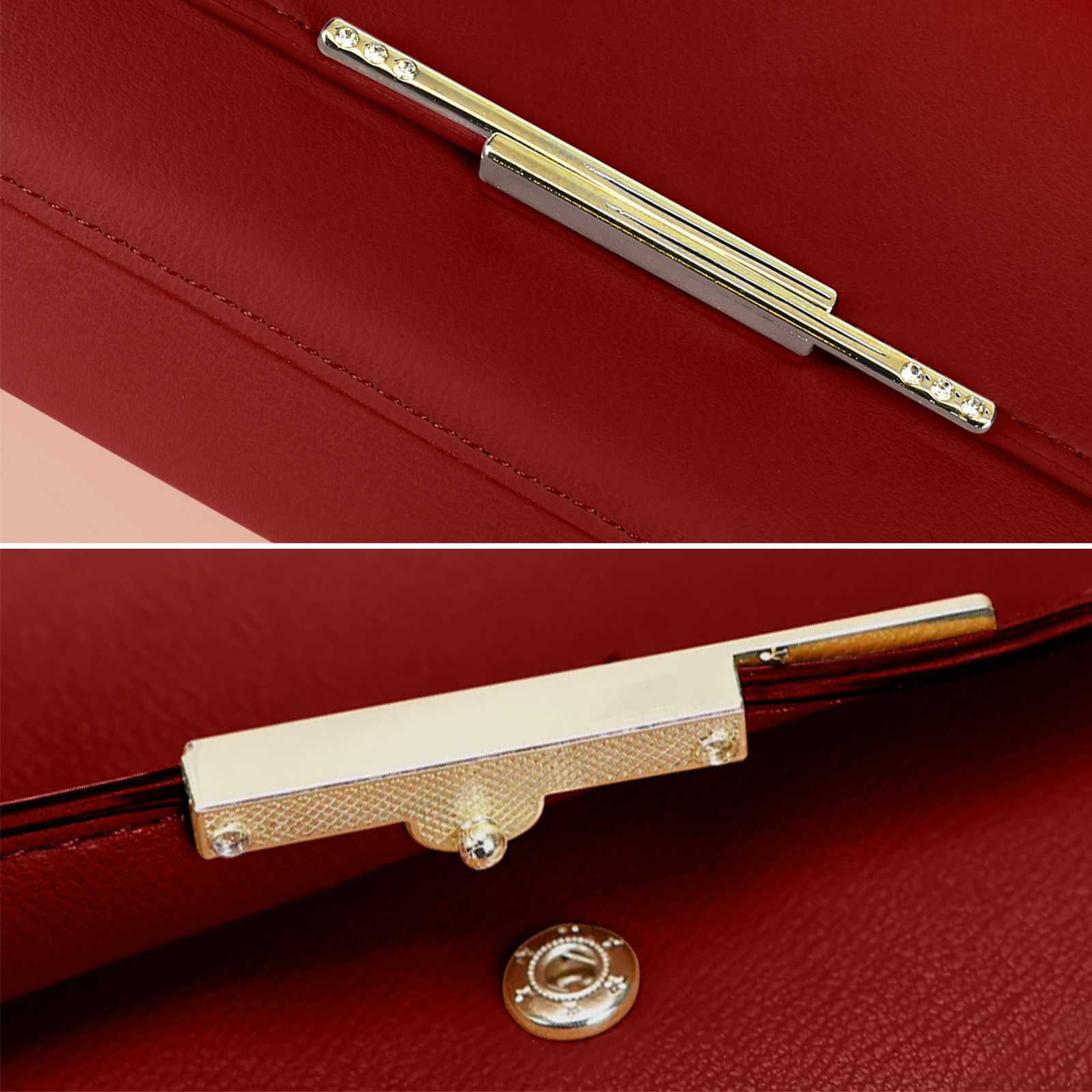 Borsa rossa con chiusura dorata e cristalli.