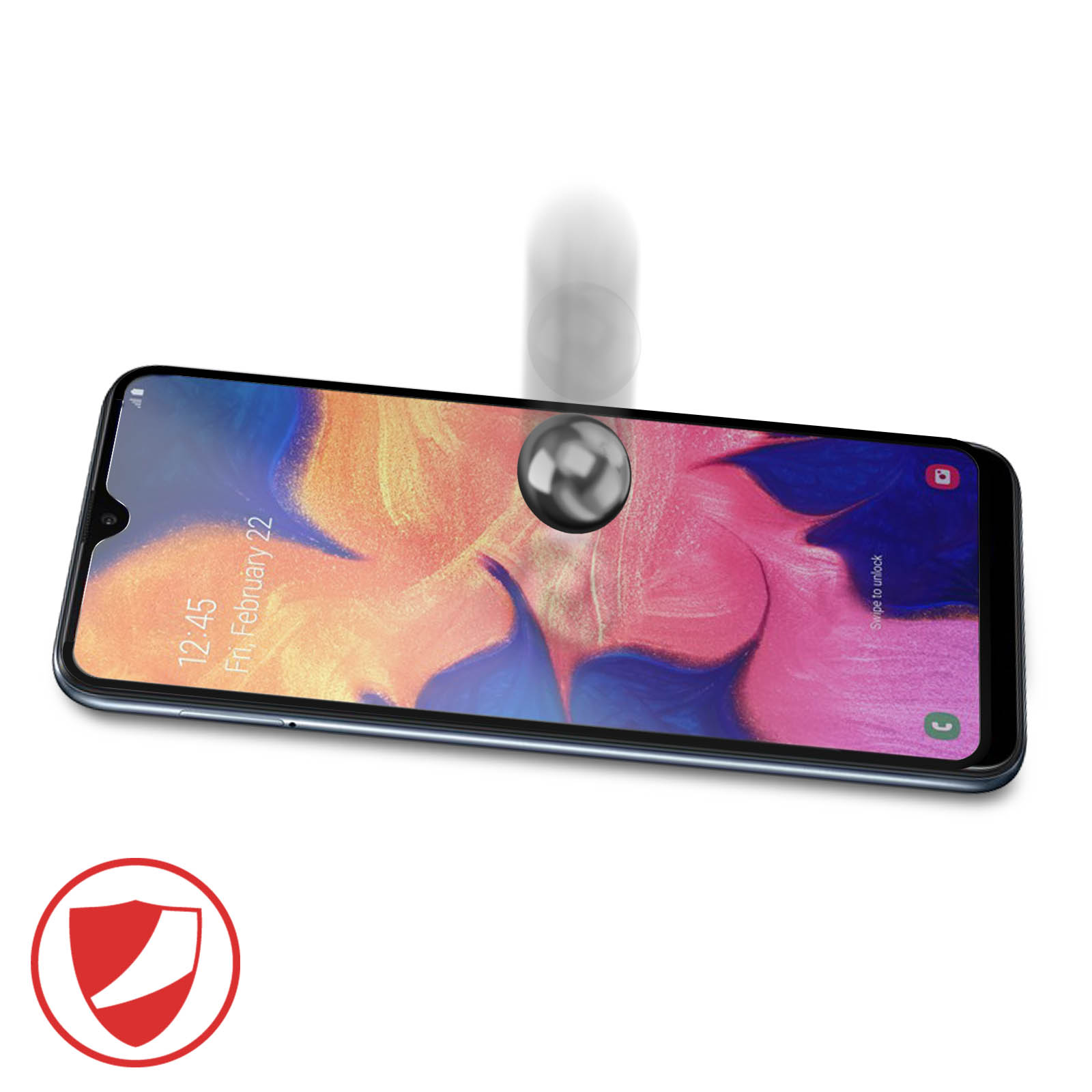 Een smartphone met schermprotector en een vallende bal erop.