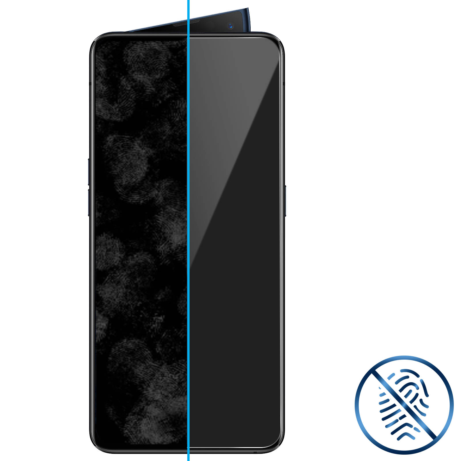 Smartphone con impronte digitali a sinistra e schermo pulito a destra. Icona anti-impronta.