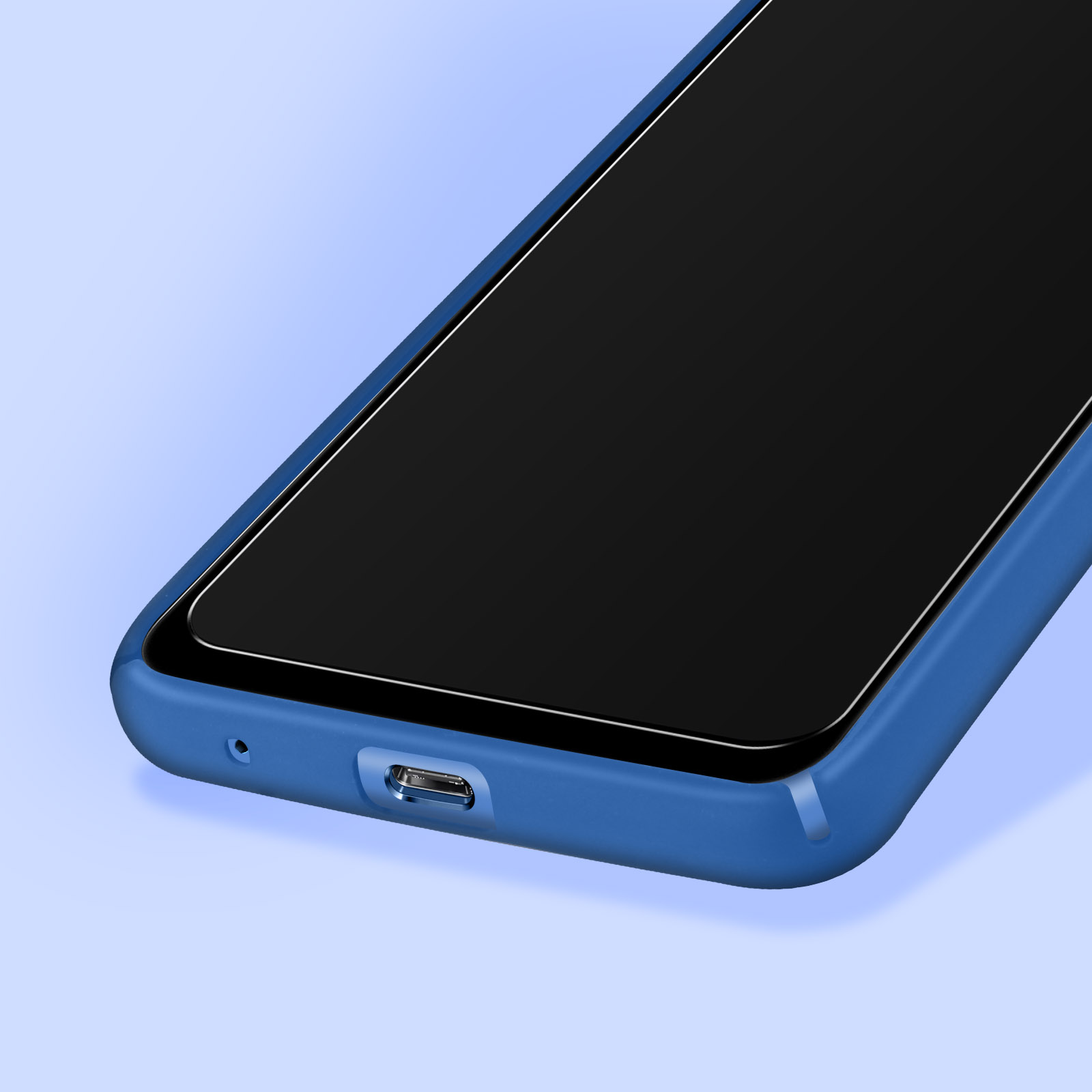 Una custodia blu per telefono con schermo nero e porta USB-C.