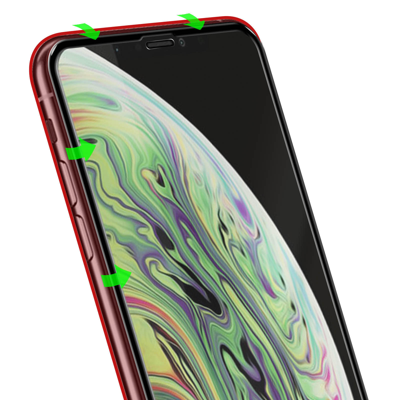 Smartphone rosso scuro con frecce verdi che puntano ai bordi.