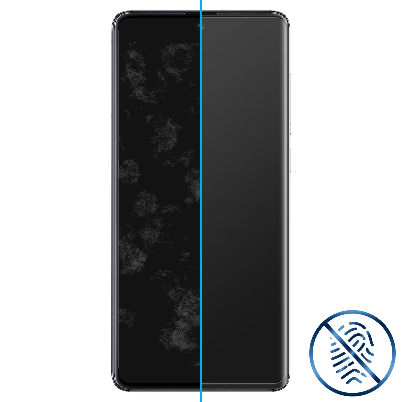 Telefoonscherm met vingerafdrukken links, schoon rechts. Verboden vingerafdruk-icoon.