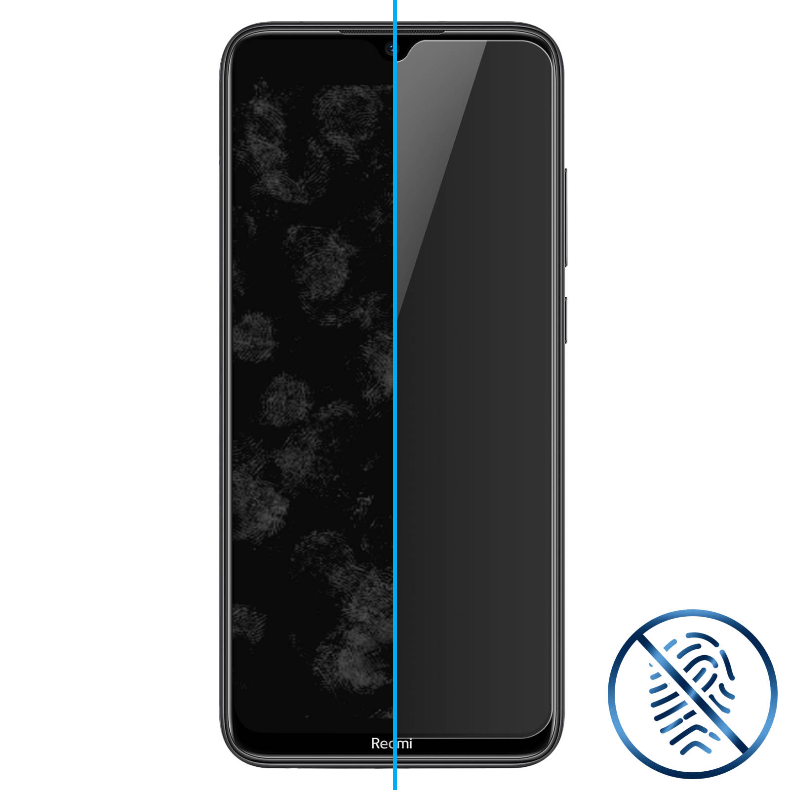 Uno schermo di smartphone con impronte digitali a sinistra e un'area pulita a destra.