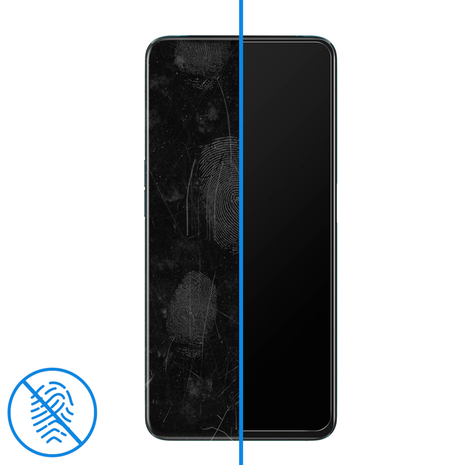 Gedeeld telefoonscherm: Links bekrast met vingerafdrukken, rechts zwart.