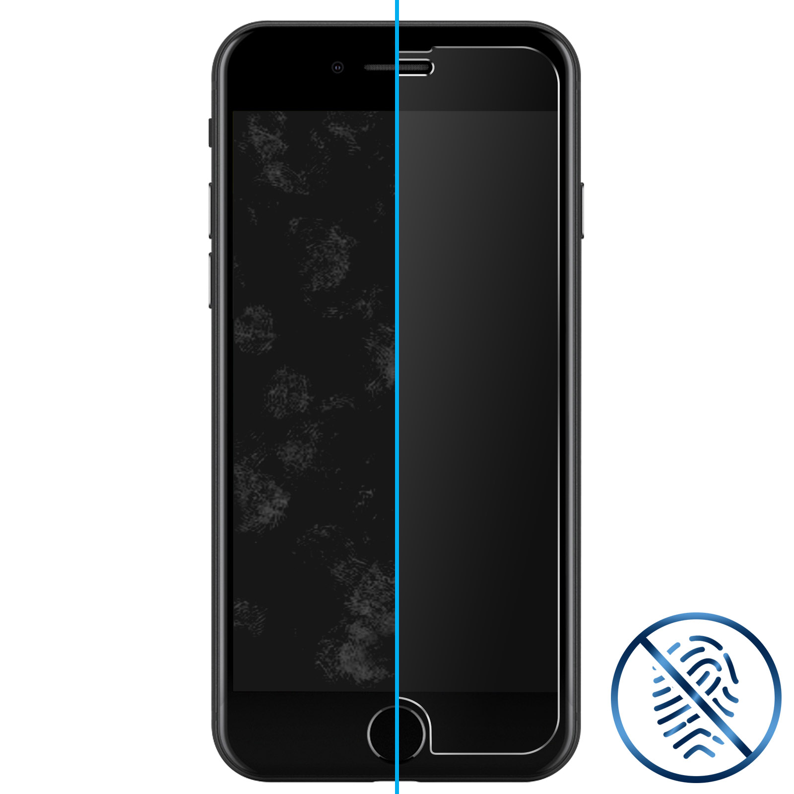 Schermo smartphone, lato sinistro con impronte, lato destro pulito. Con icona anti-impronte.