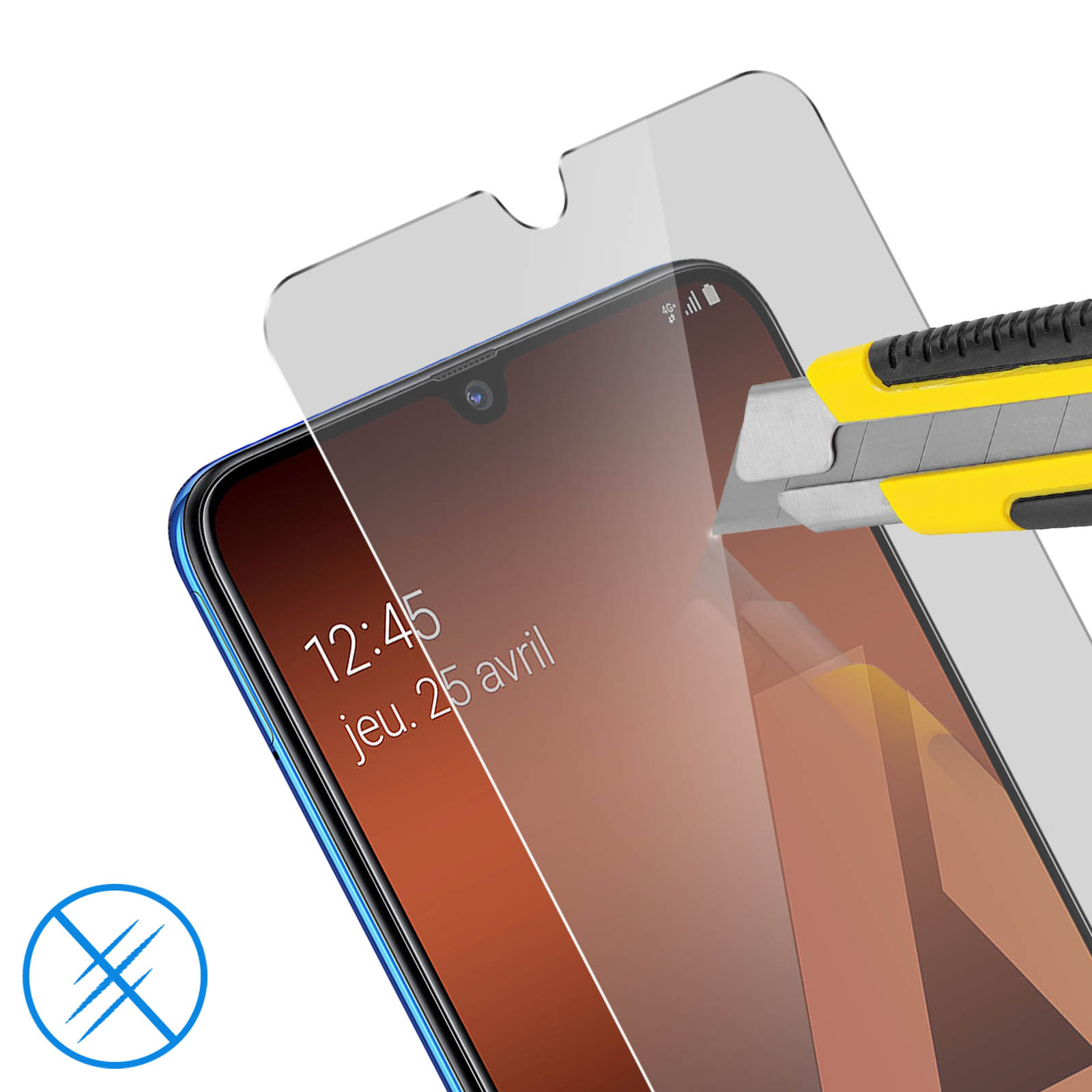 Screenprotector wordt met een stanleymes op een smartphone aangebracht.