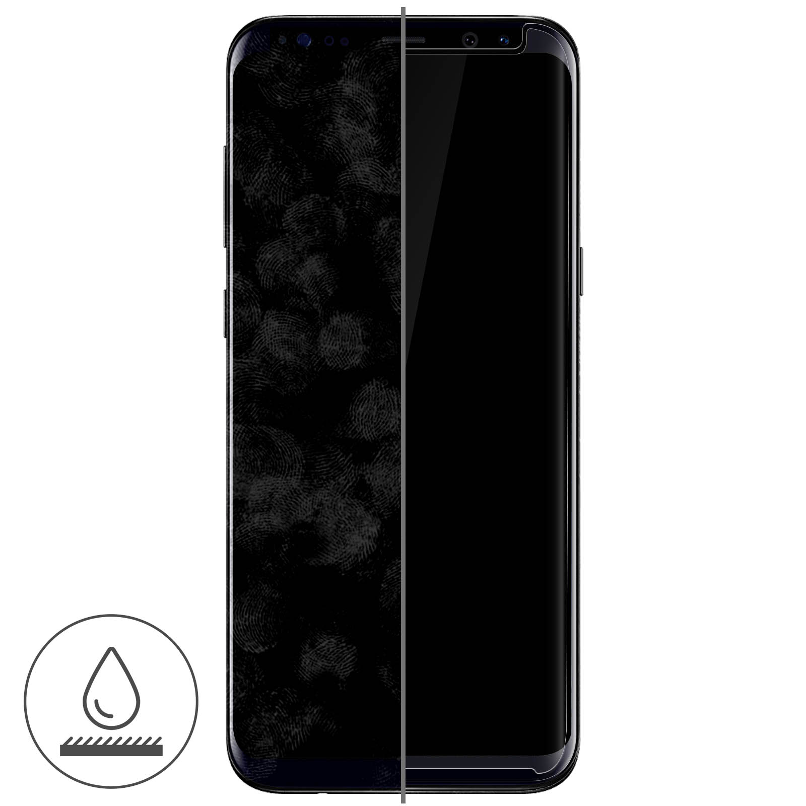 Schermo di smartphone diviso in una parte con impronte digitali e una parte pulita. Icona acqua.