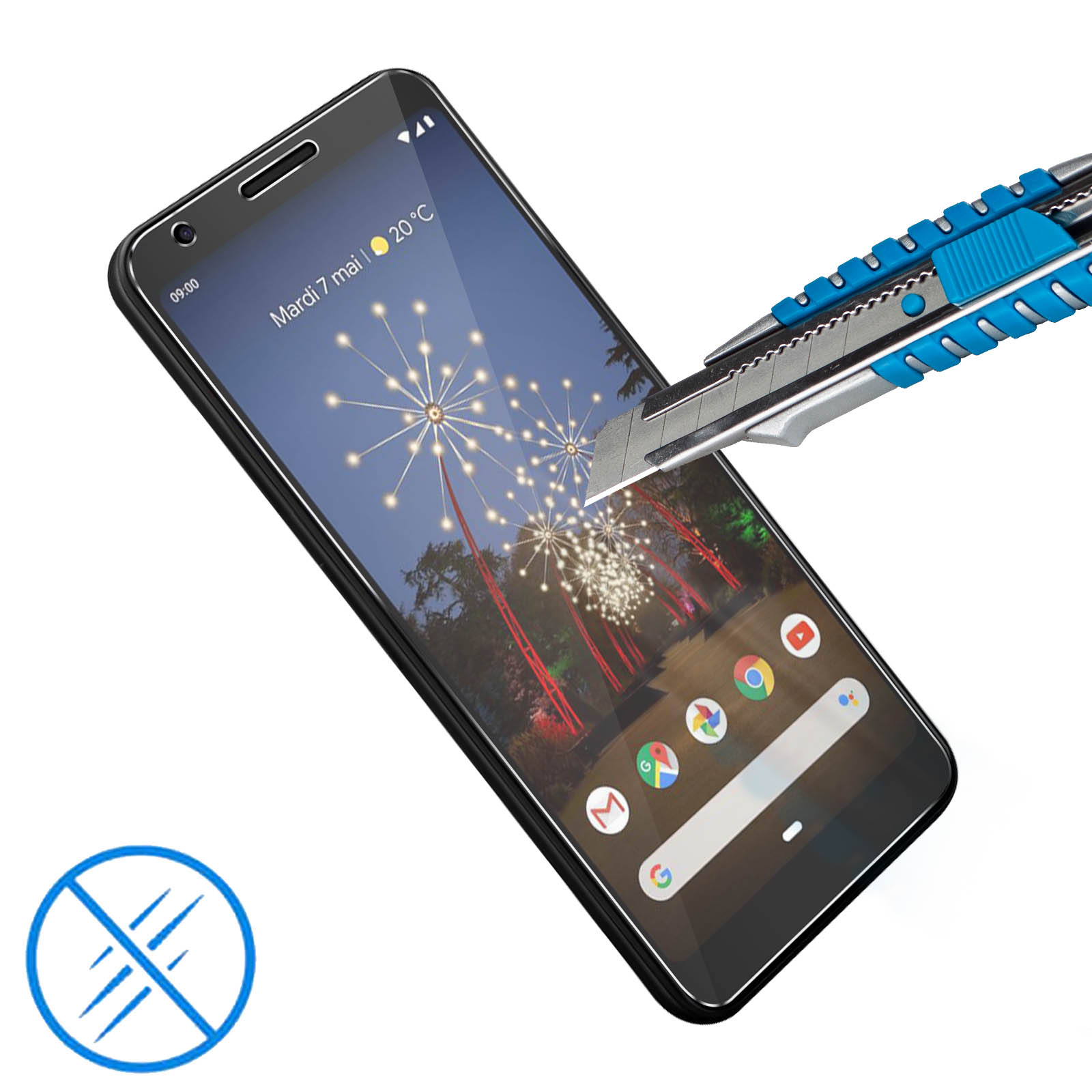 Een stanleymes krast op een smartphone-scherm met vuurwerk.