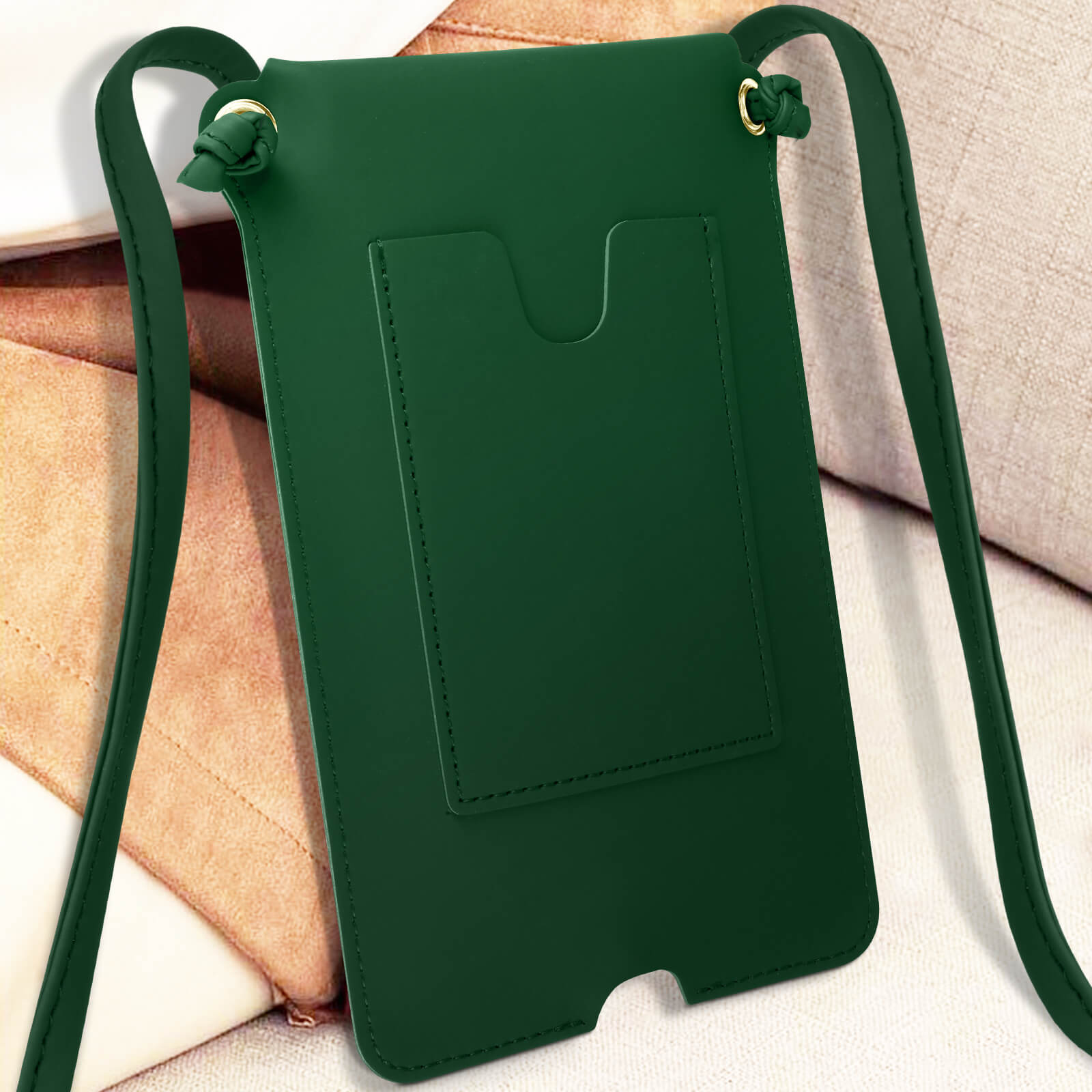Dunkelgrüne Handytasche mit zwei Fächern vorne und einem Umhängegurt.