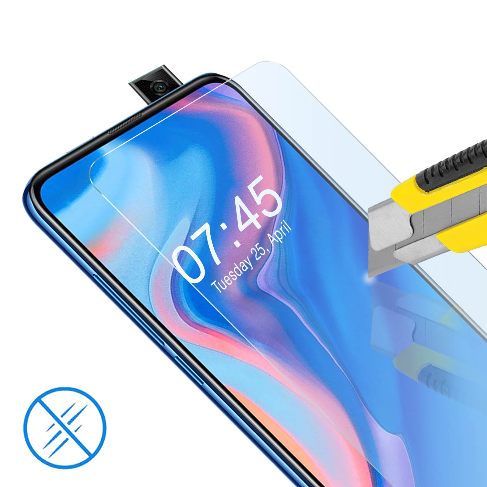 Een smartphone met pop-up camera wordt getoond met screenprotector en stanleymes.