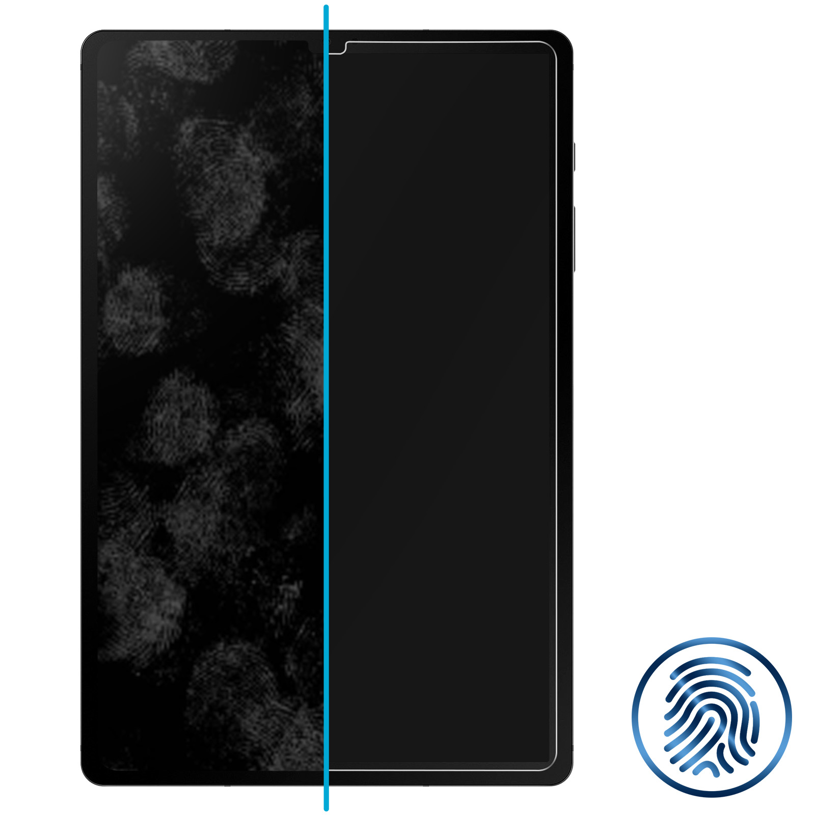 Un tablet con impronte digitali a sinistra e schermo pulito a destra.