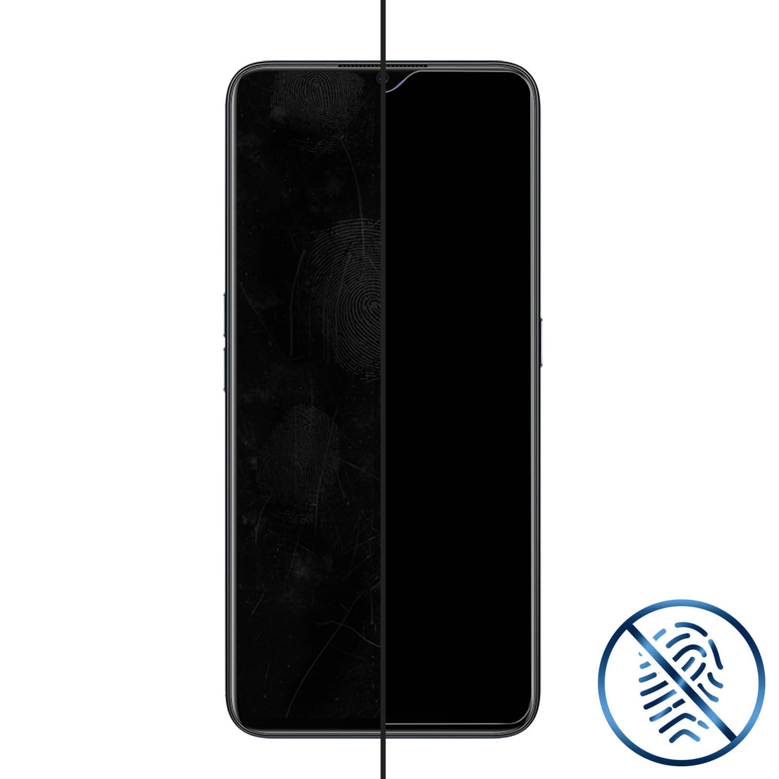 Smartphone diviso: sinistra con impronte, destra nera. Icona senza impronte digitali.