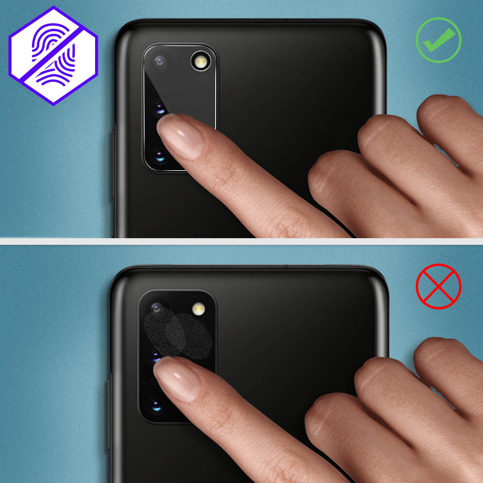 Dito che tocca l'obiettivo della fotocamera dello smartphone; impronta digitale visibile.