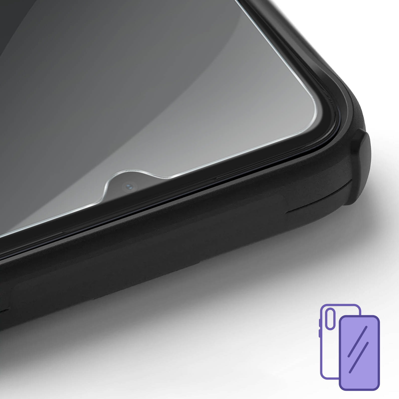 Gros plan d'une coque de téléphone noire avec un protecteur d'écran transparent.