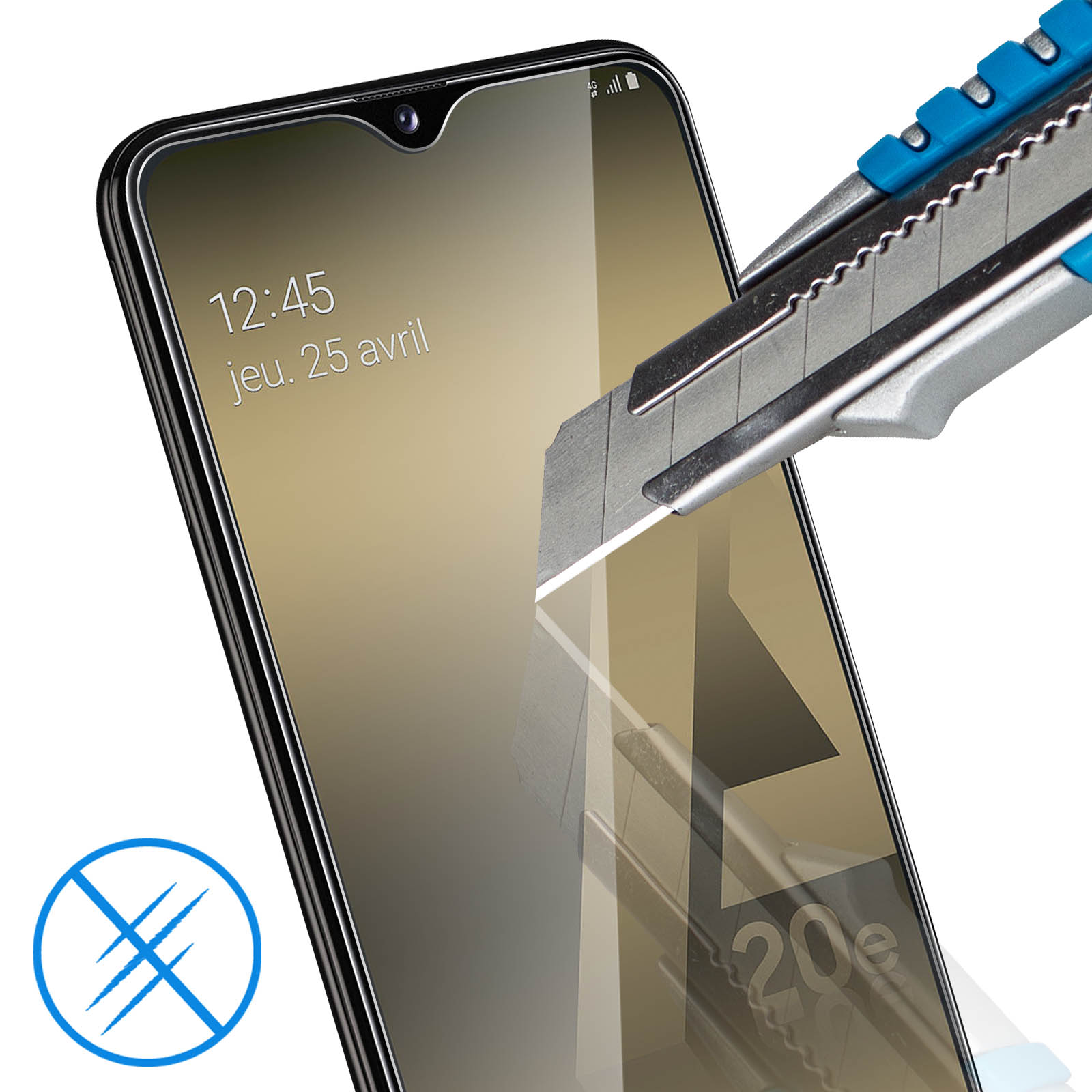 Un cutter raye l'écran d'un smartphone avec symbole de protection.