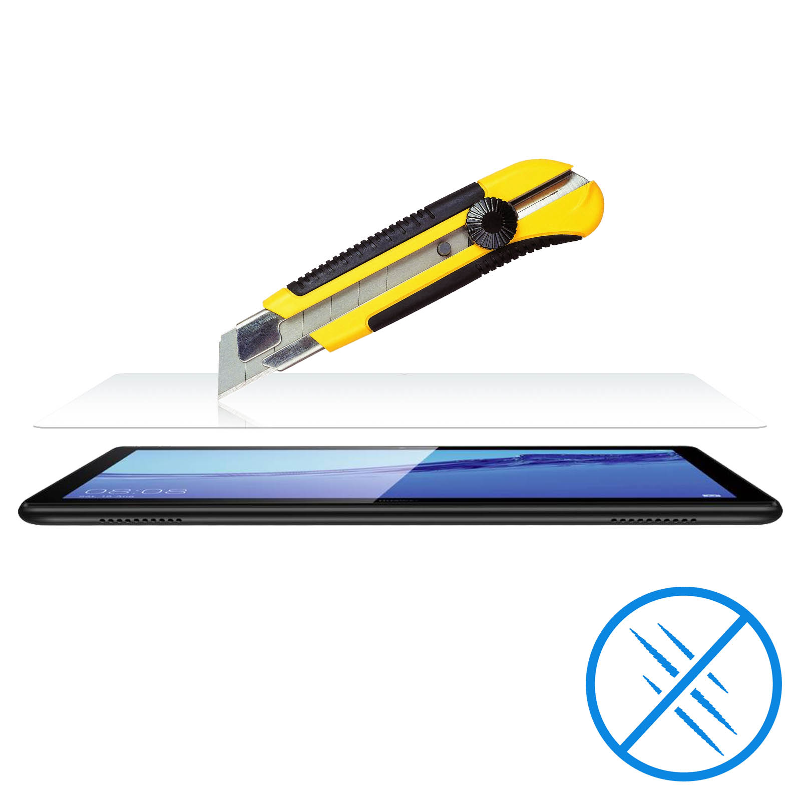 Een cutter snijdt over een tablet met schermprotector.