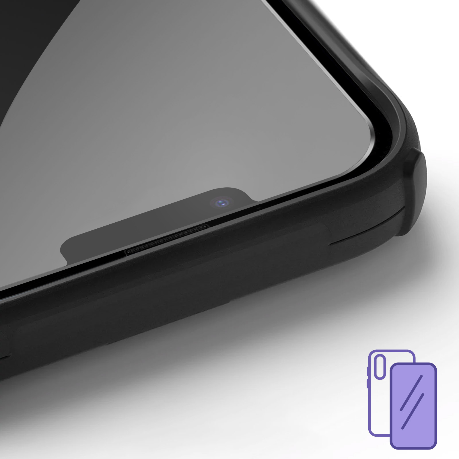 Close-up of a black smartphone case showing the front camera and screen.