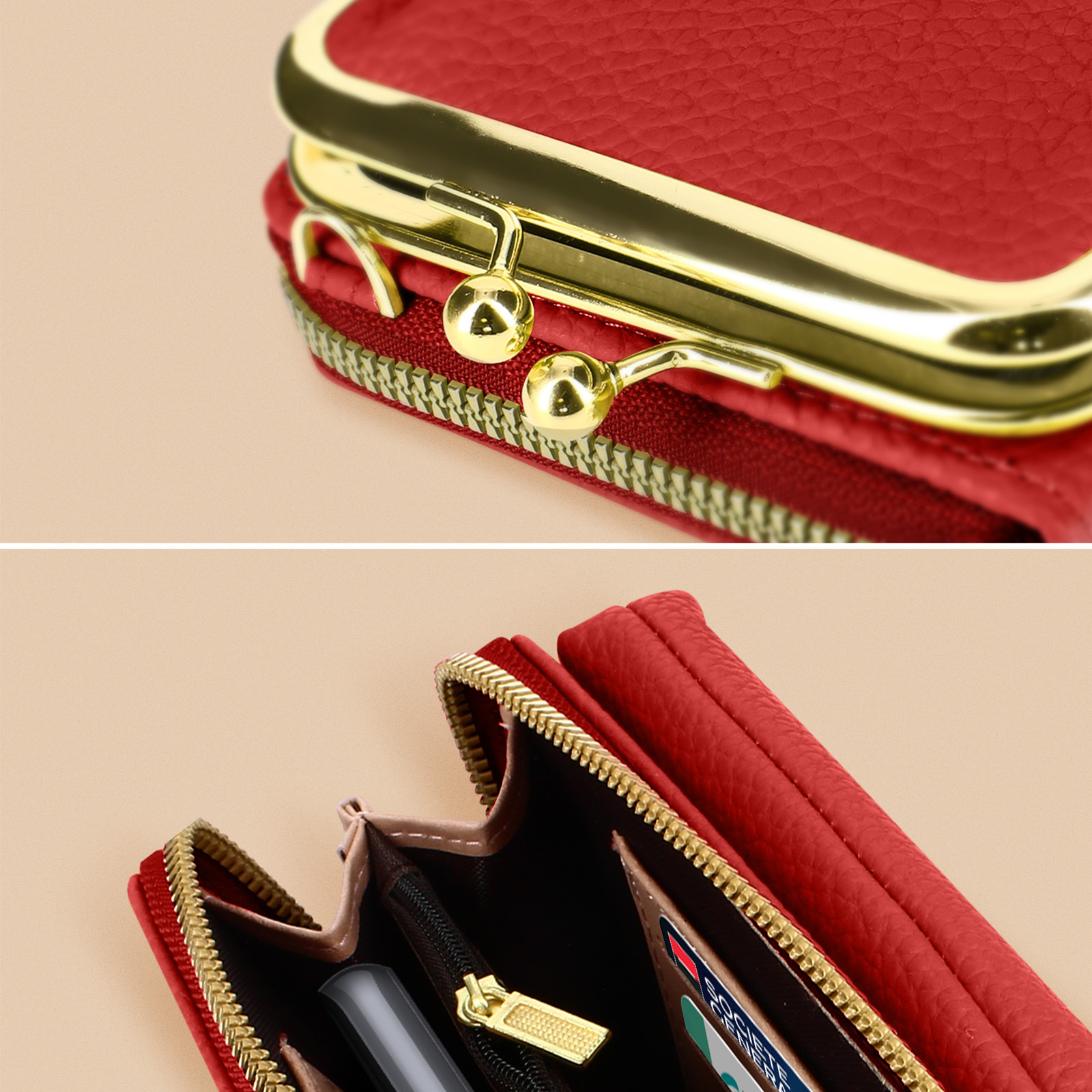 Rode portemonnee met gouden sluiting en ritsdetails.