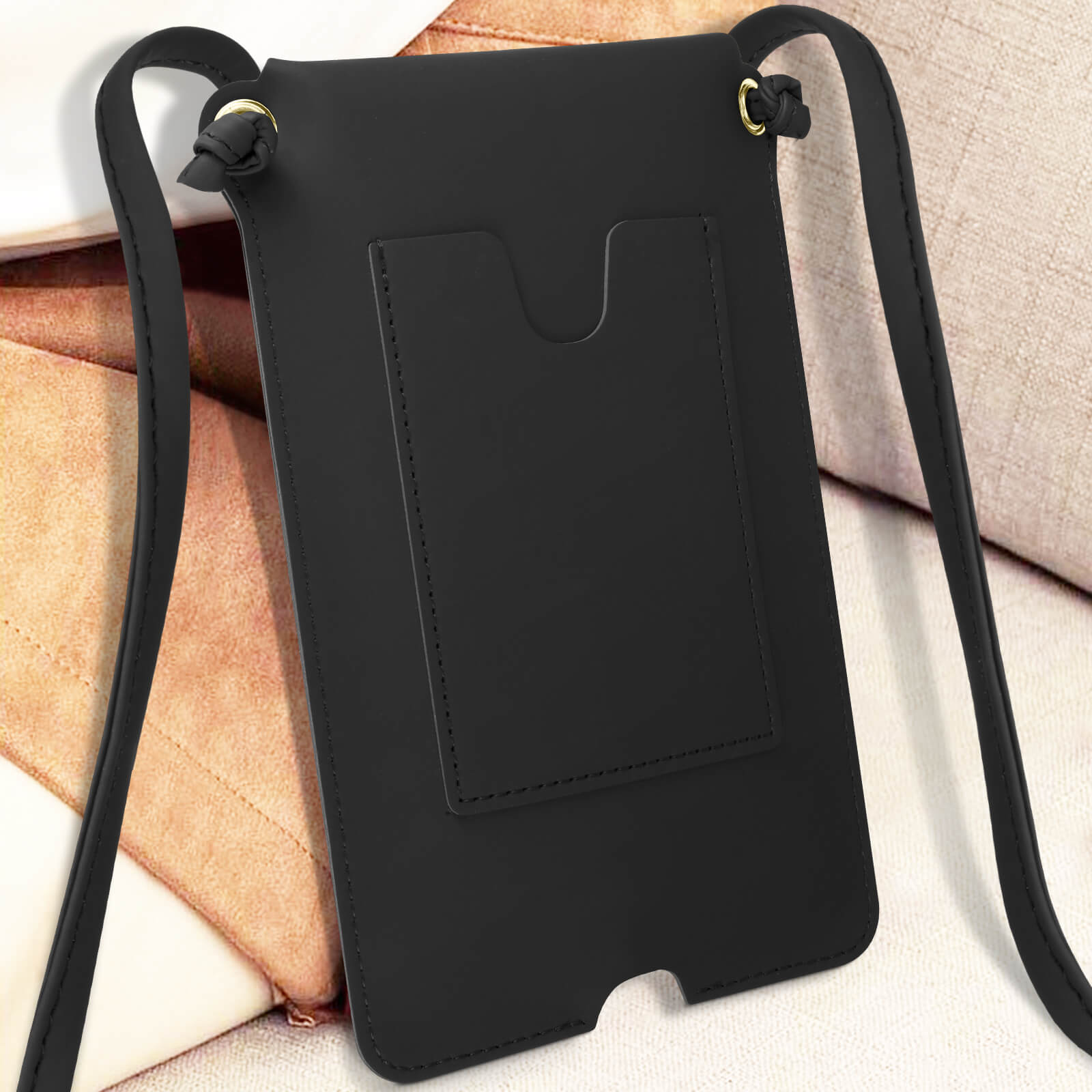 Pochette noire en cuir pour téléphone avec deux poches et une lanière.