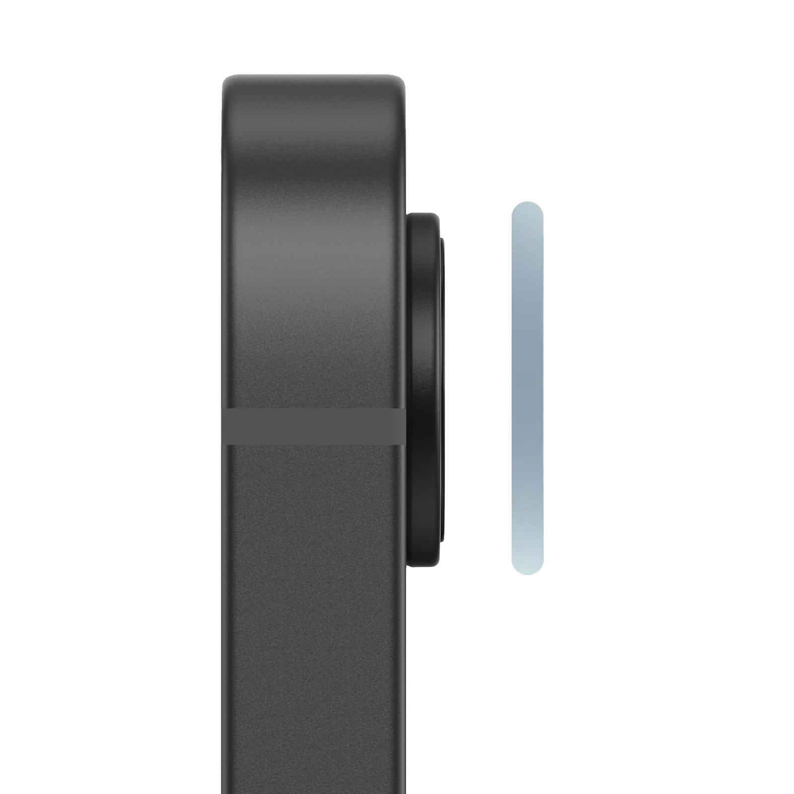 Gray rectangular object with a black lens next to it. White background.