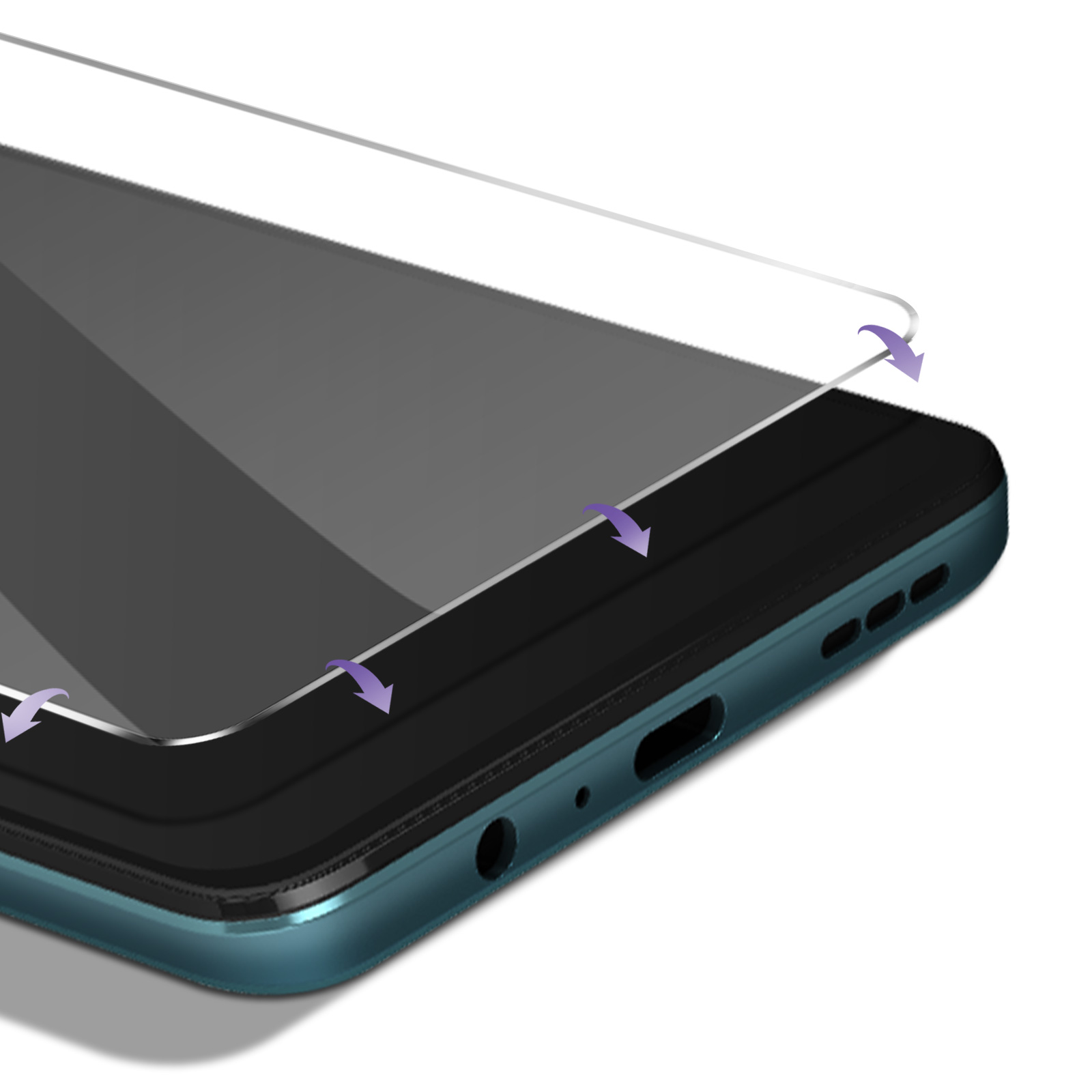 Una protezione per lo schermo viene posizionata su uno smartphone, con frecce che indicano l'allineamento.