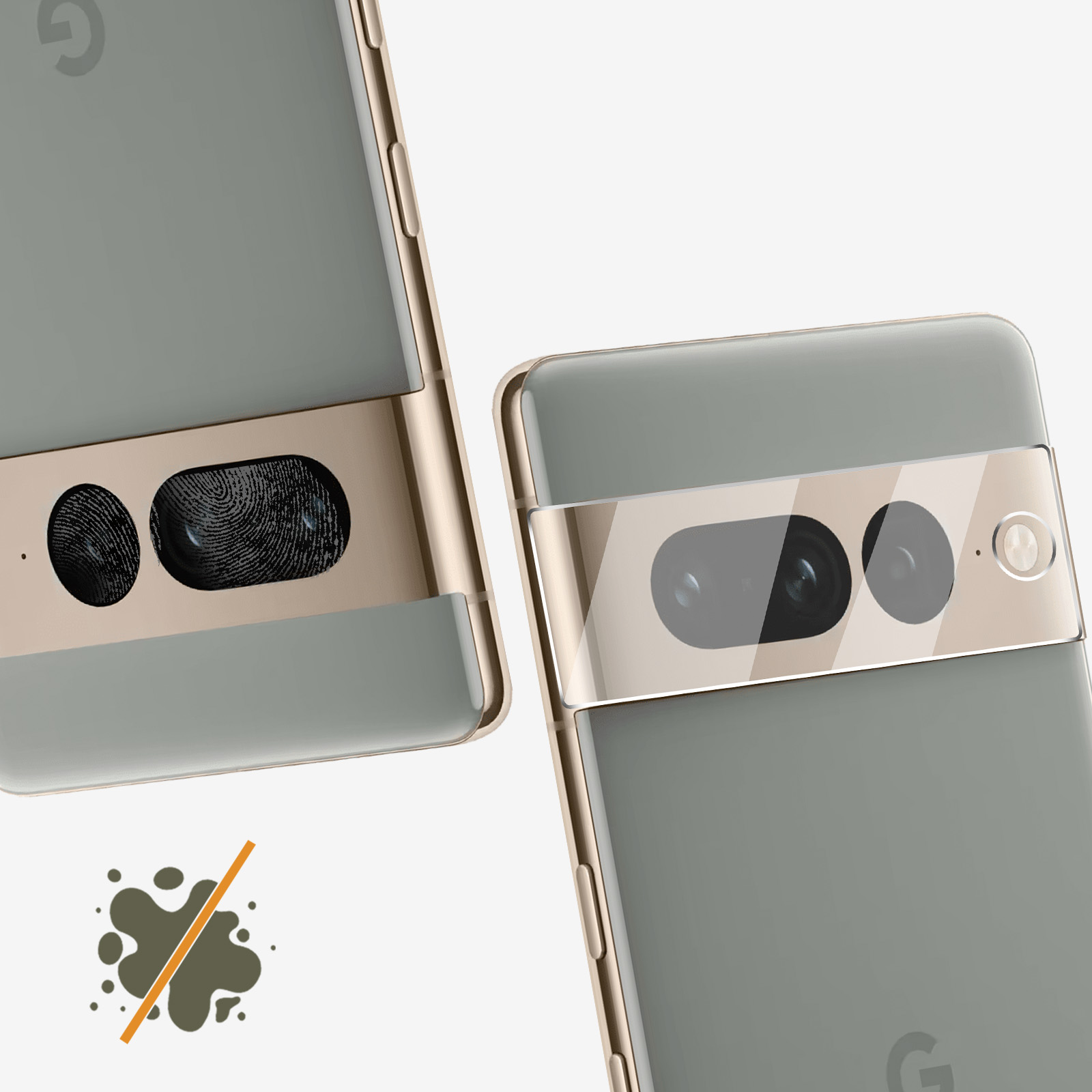 Deux téléphones Google Pixel gris avec des accents dorés. L'un montre des scanners d'empreintes.