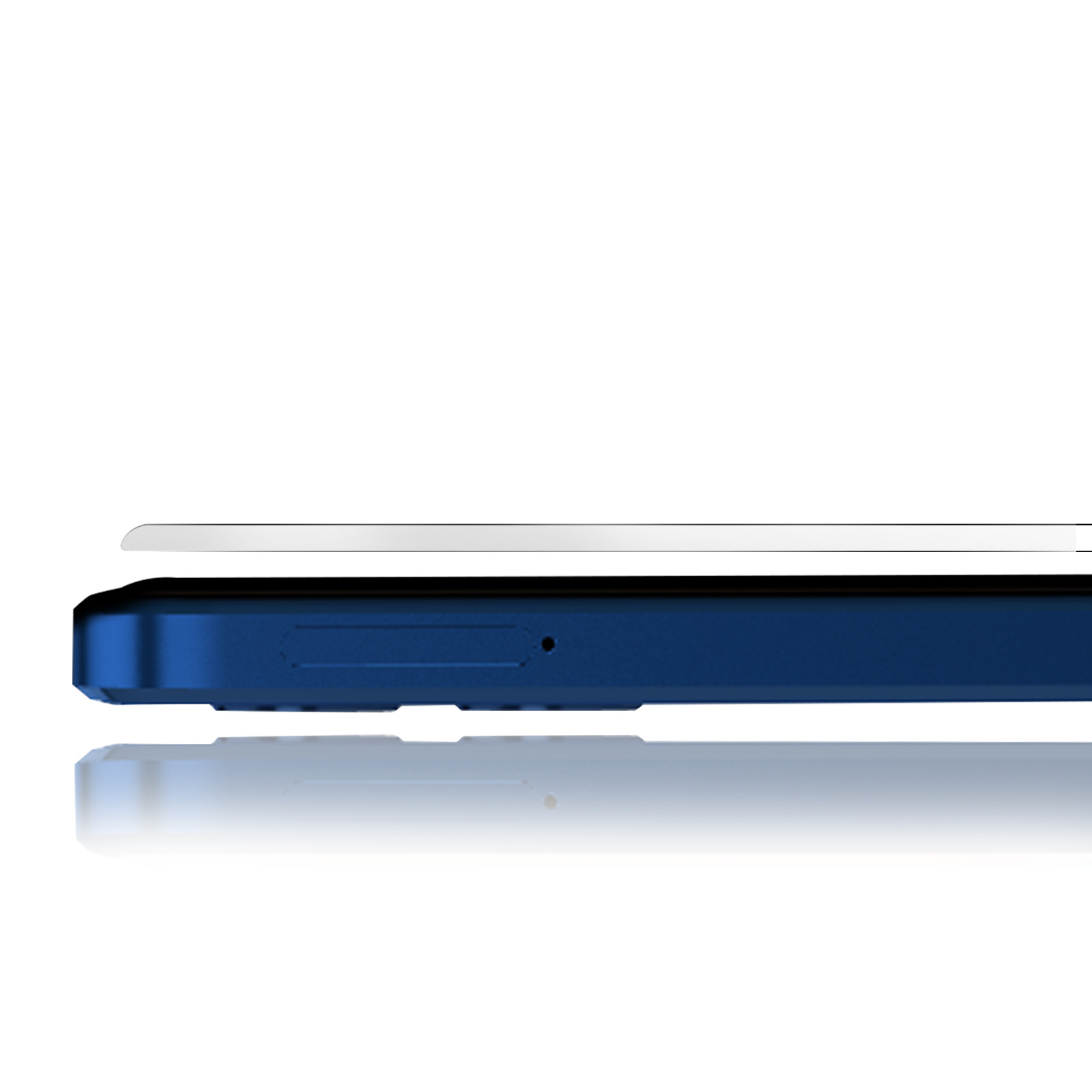 Primo piano di uno smartphone blu con proteggi schermo.