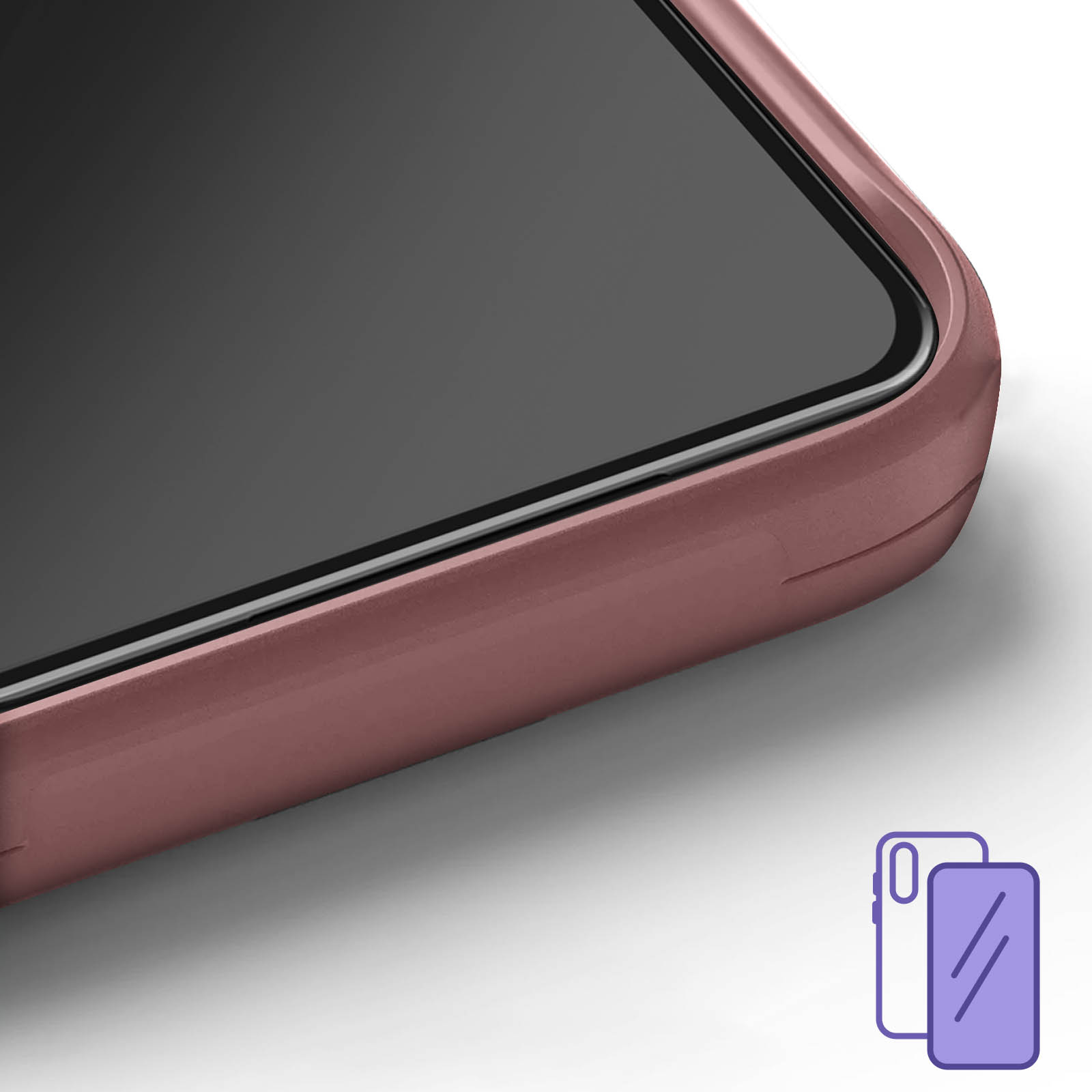 Gros plan d'une coque de téléphone rose avec écran sombre et une icône.