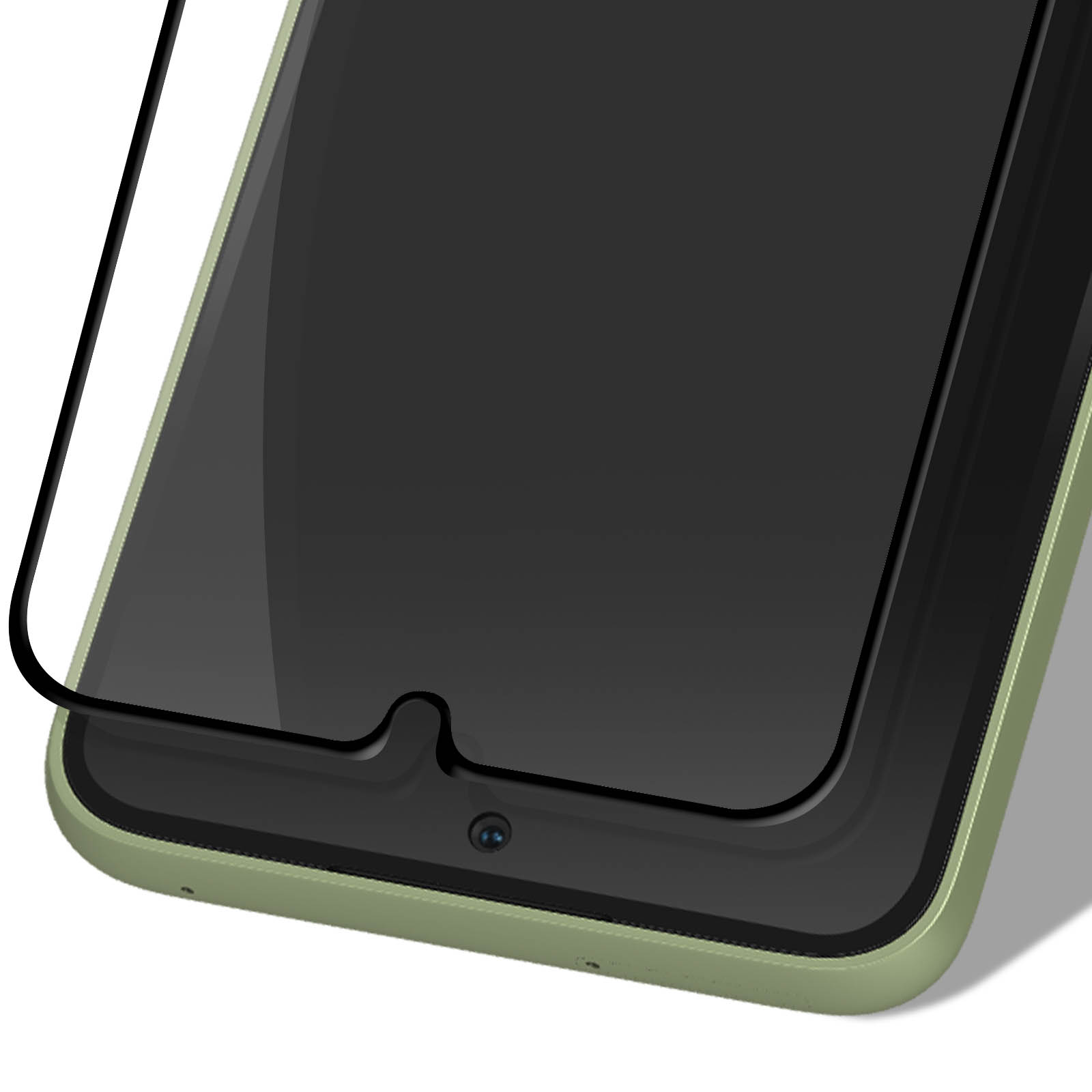 Un protecteur d'écran sur un smartphone vert avec découpe pour appareil photo.