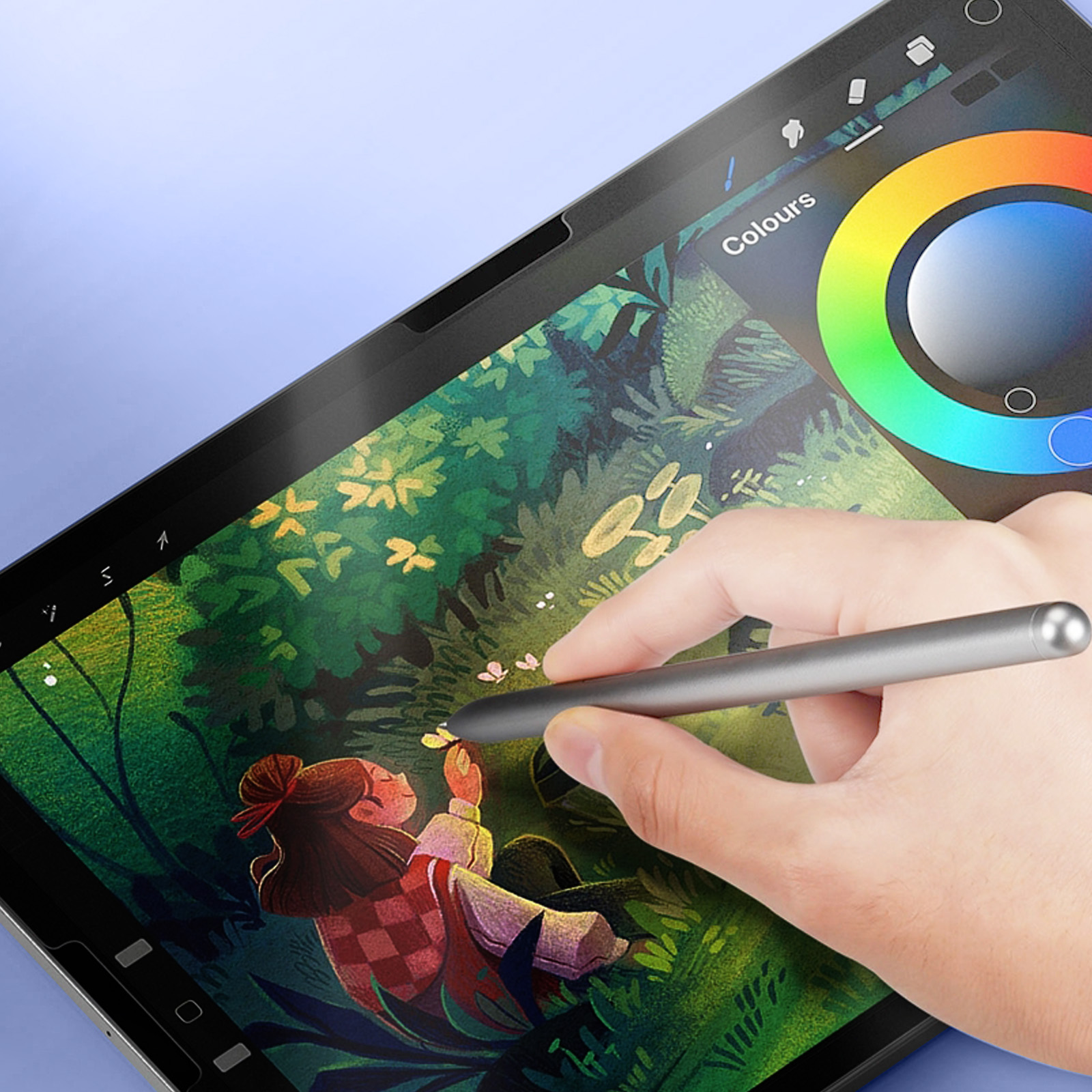Een stylus wordt gebruikt op een tablet om een digitale illustratie van een vrouw met vlinders te bewerken.
