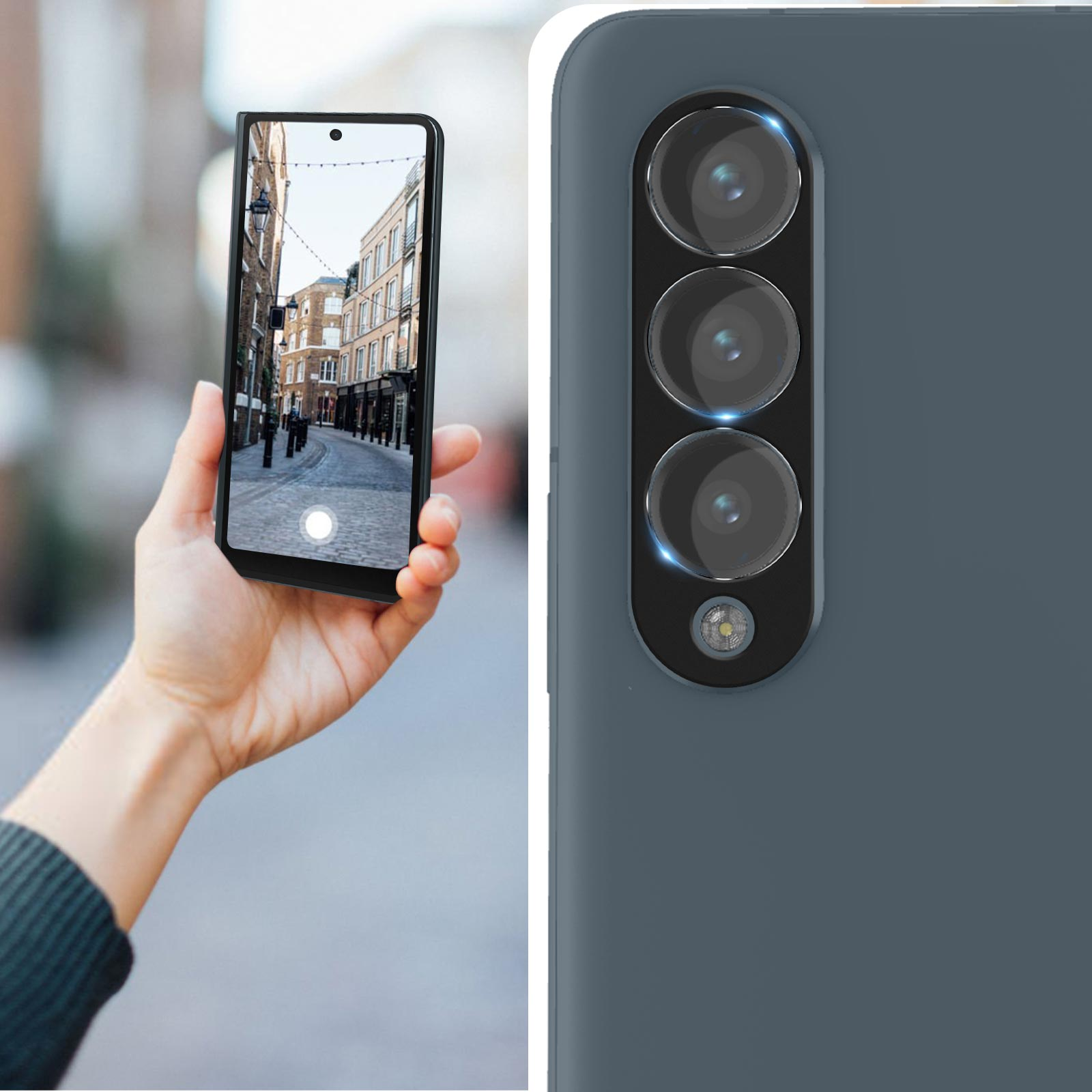 Una mano tiene un telefono che mostra una strada. La fotocamera del telefono è visibile.