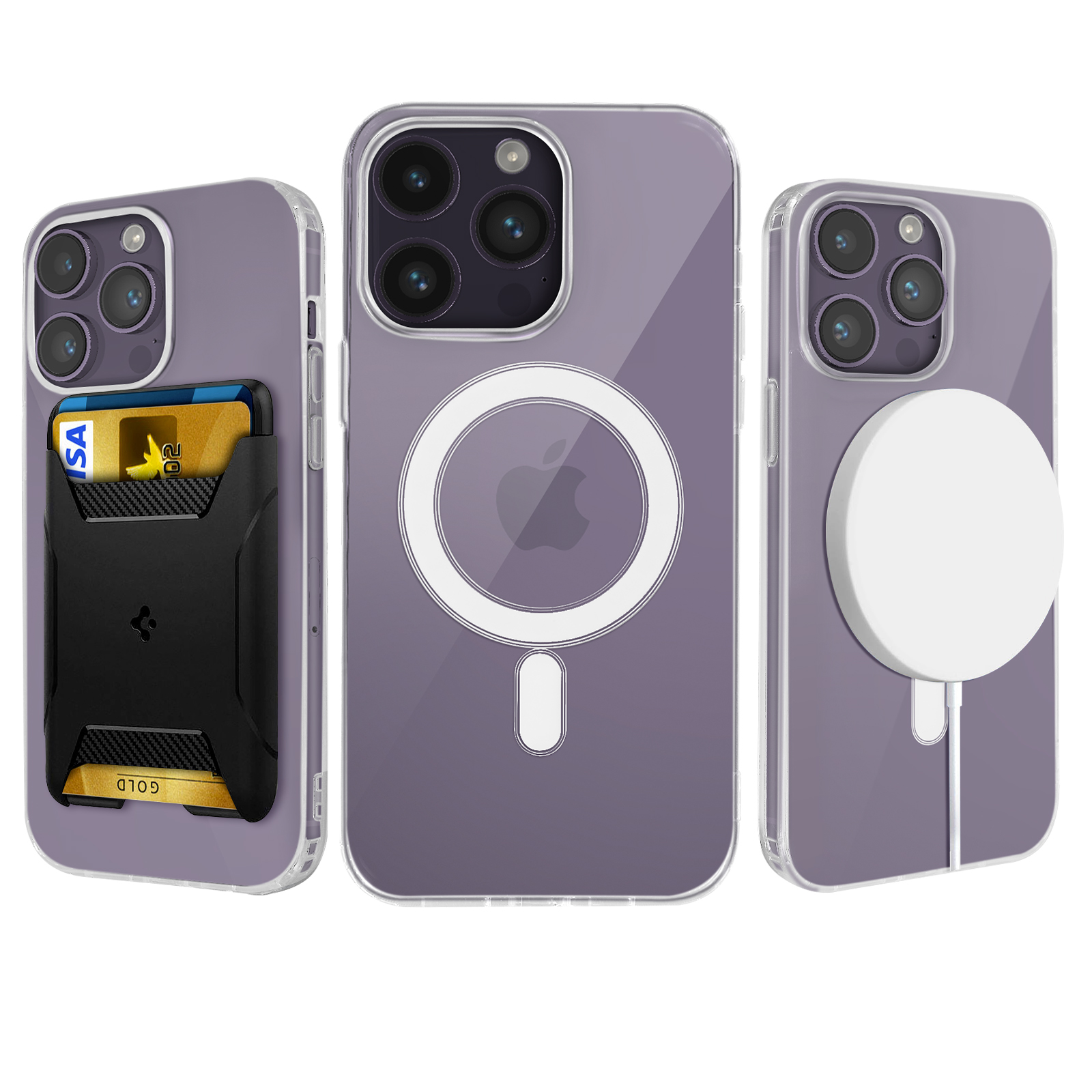 Drei durchsichtige lila iPhone-Hüllen mit MagSafe und Kartenhalter. Eine mit einer Karte.