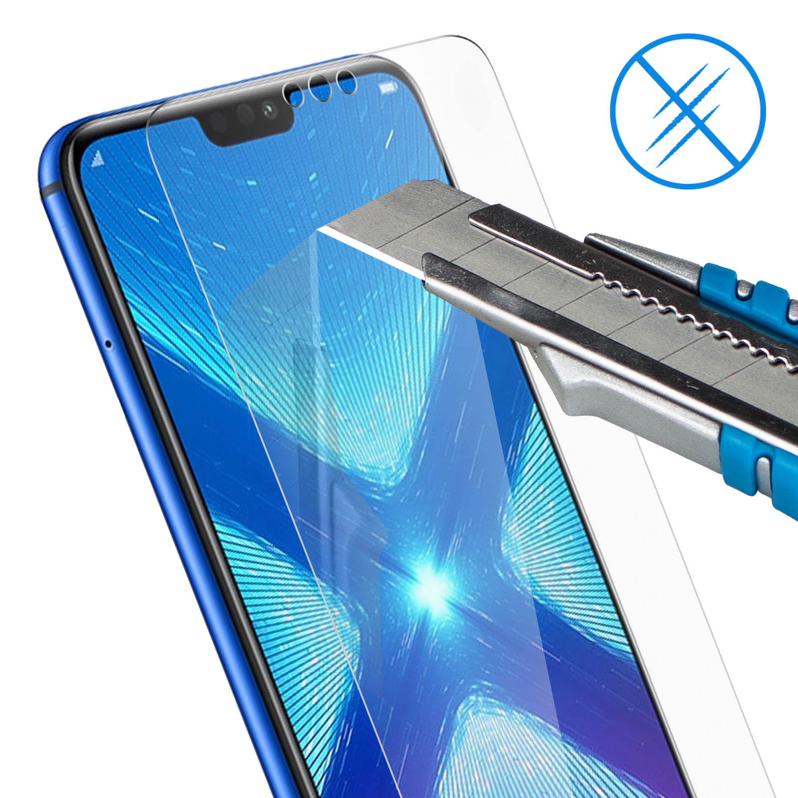 Un cutter raye un smartphone bleu avec protecteur d'écran.